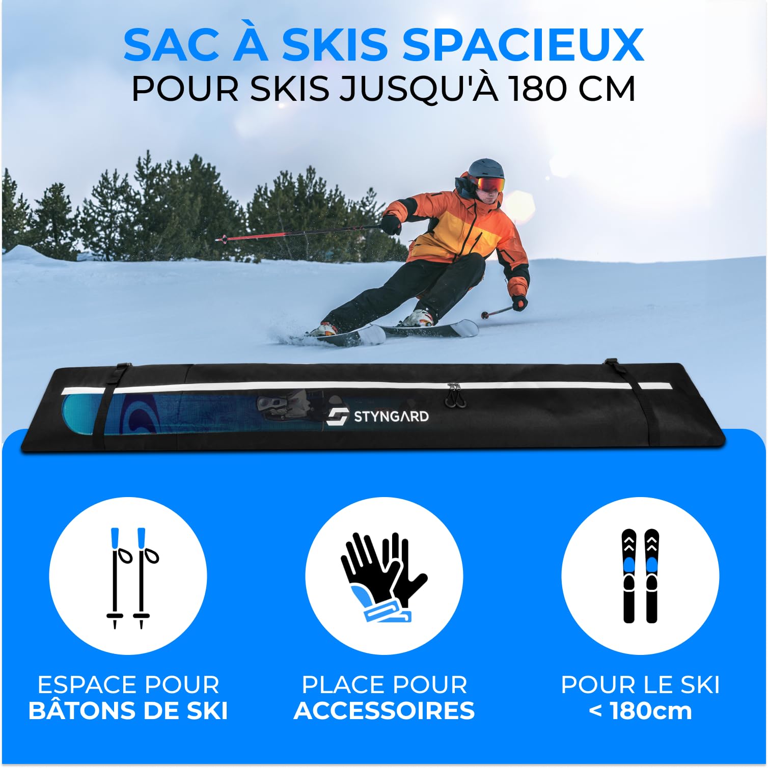 STYNGARD Housse à Skis [ à 180 cm] - Sac à Skis en matériau Robuste avec Fermetures éclair de Haute qualité - Modèle Aspen