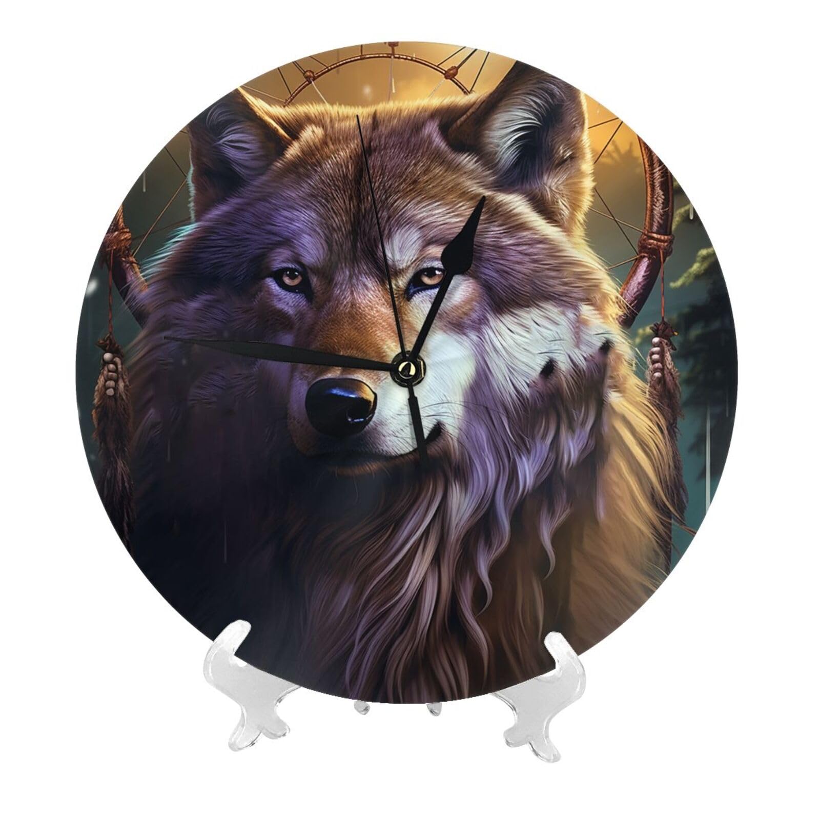 DWVTSLH Wolves and Dream Catchers Wall Clock 10 Inch Silent Non-Ticking Modern Clocks Battery Operated - Decorative Wall Clocks for Bedroom Living Room Kitchen Office Wall Decor Gift Idea