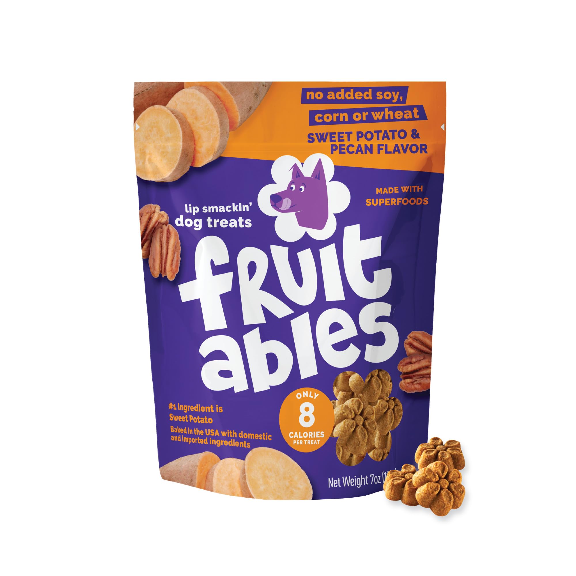 Fruitables Baked Dog Treats, Healthy Pumpkin Treat for Dogs, Low Calorie & Delicious, Free of Wheat, Corn and Soy, Made in the USA, Sweet Potato and Pecan Flavor, 7oz
