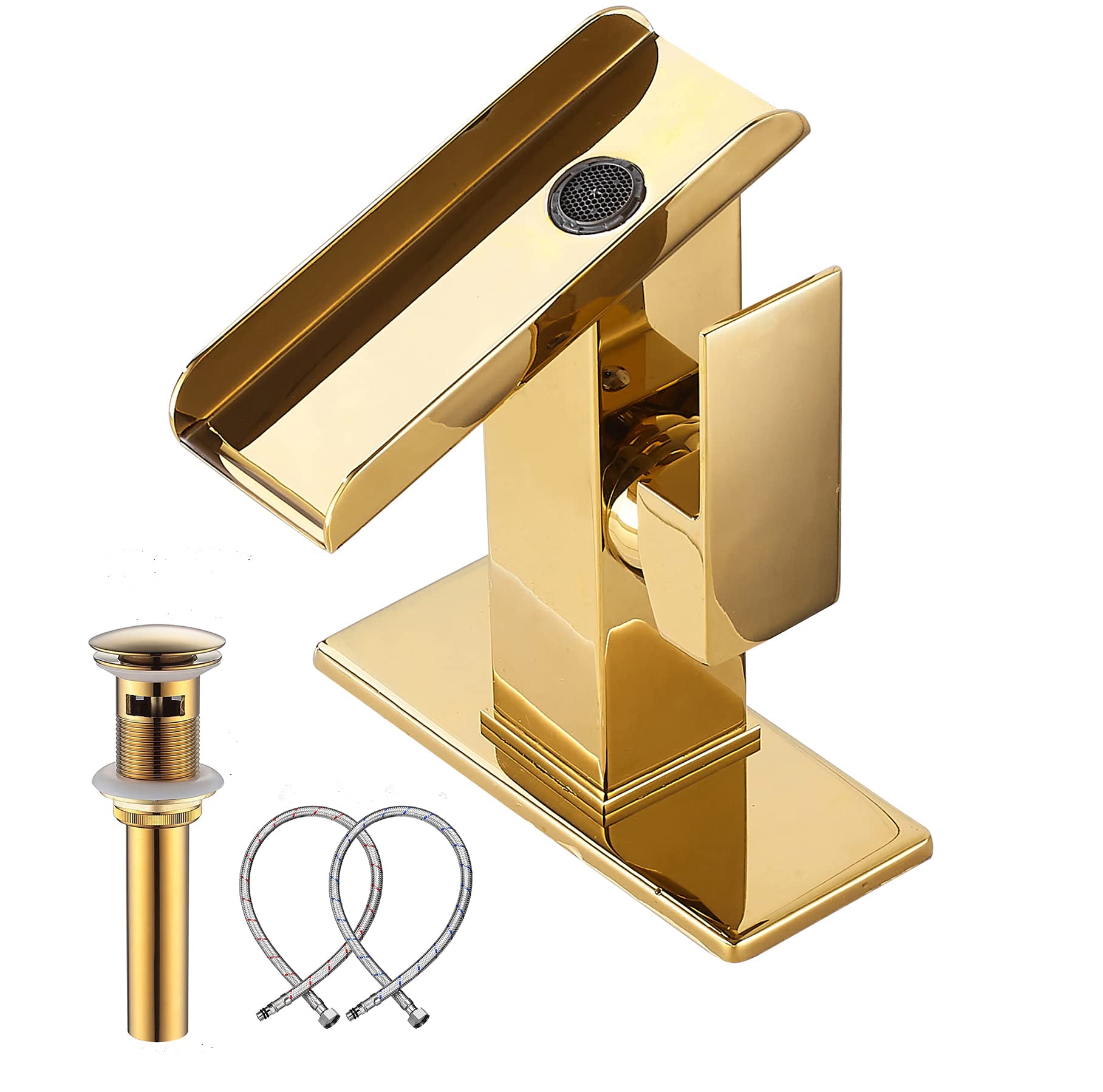 Bathroom Sink Faucet Gold Waterfall Open Spout Basin Faucet for Sink with 1 or 3 Hole Right Handle with Overflow Pop Up Drain Stopper 2 Supply Hoses Modern Lavatory Bath Vanity Deck Mount