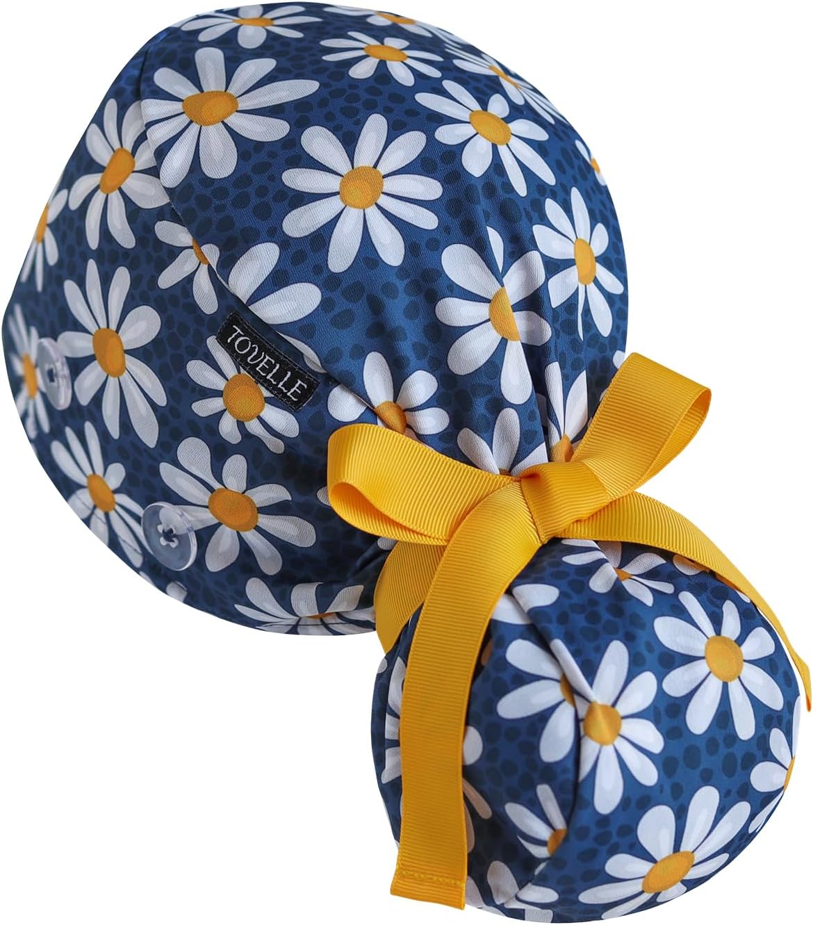 Ponytail Scrub Cap for Women – Blue Daisy Floral Surgical Cap with Buttons, Sweatband & Double-Sided Print, Adjustable Surgical Hat for Women to Secure Long Hair and Helps Reduce Static Buildup
