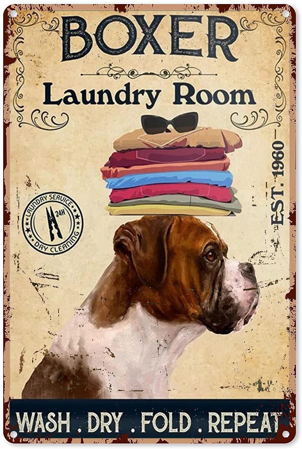 Laundry Wall Decor Boxer Laundry Room Wash Dry Fold Repeat Metal Sign Decor Tin Aluminum Sign Wall Art Retro Metal Poster for Door Laundry Room Home Farmhouse 8x12 Inch