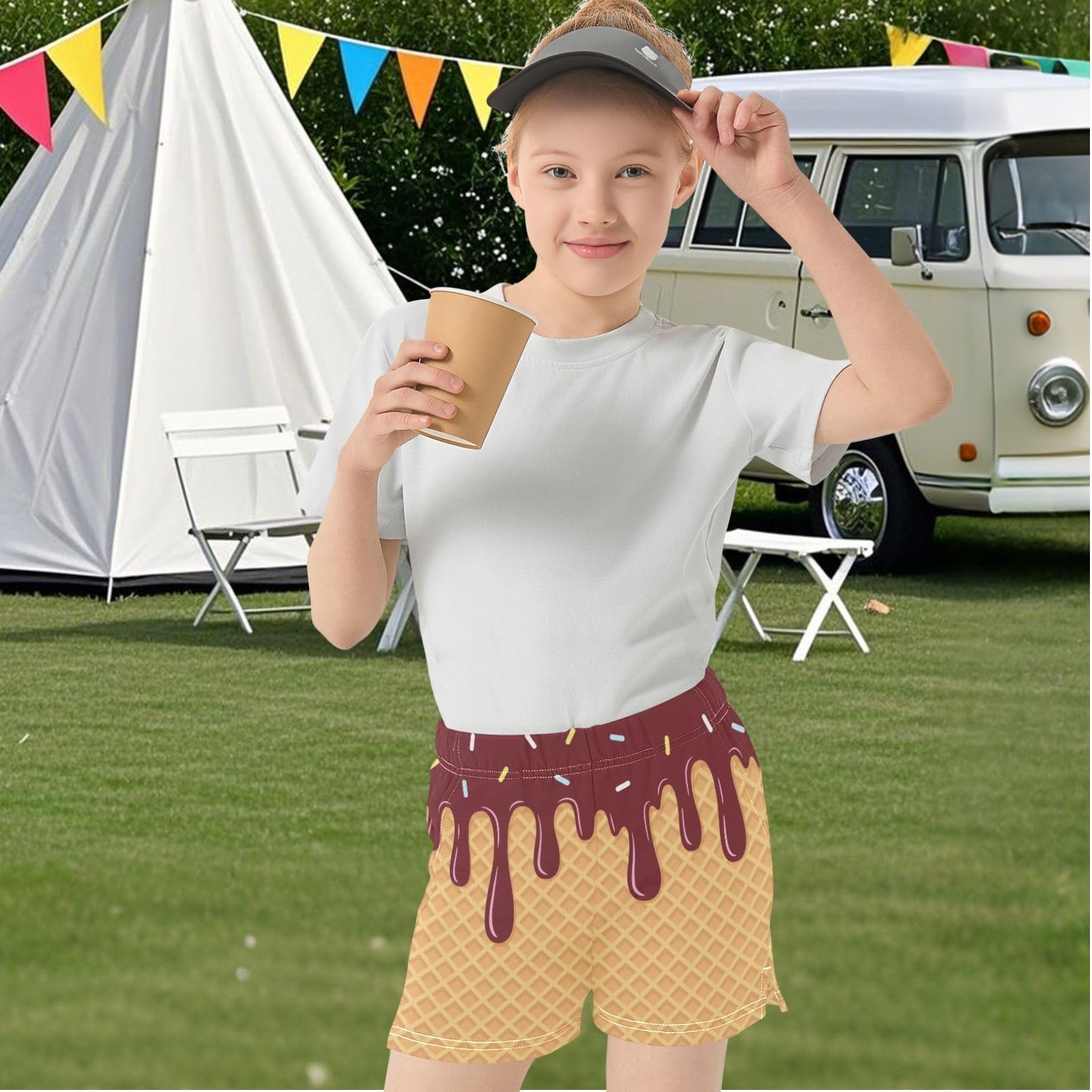 Dallonan Girls Casual Shorts Brown Red Ice Cream Cone Kids Athletic Gym Shorts Elastic Waist with Pockets Summer Sports Homewear 7-15Y