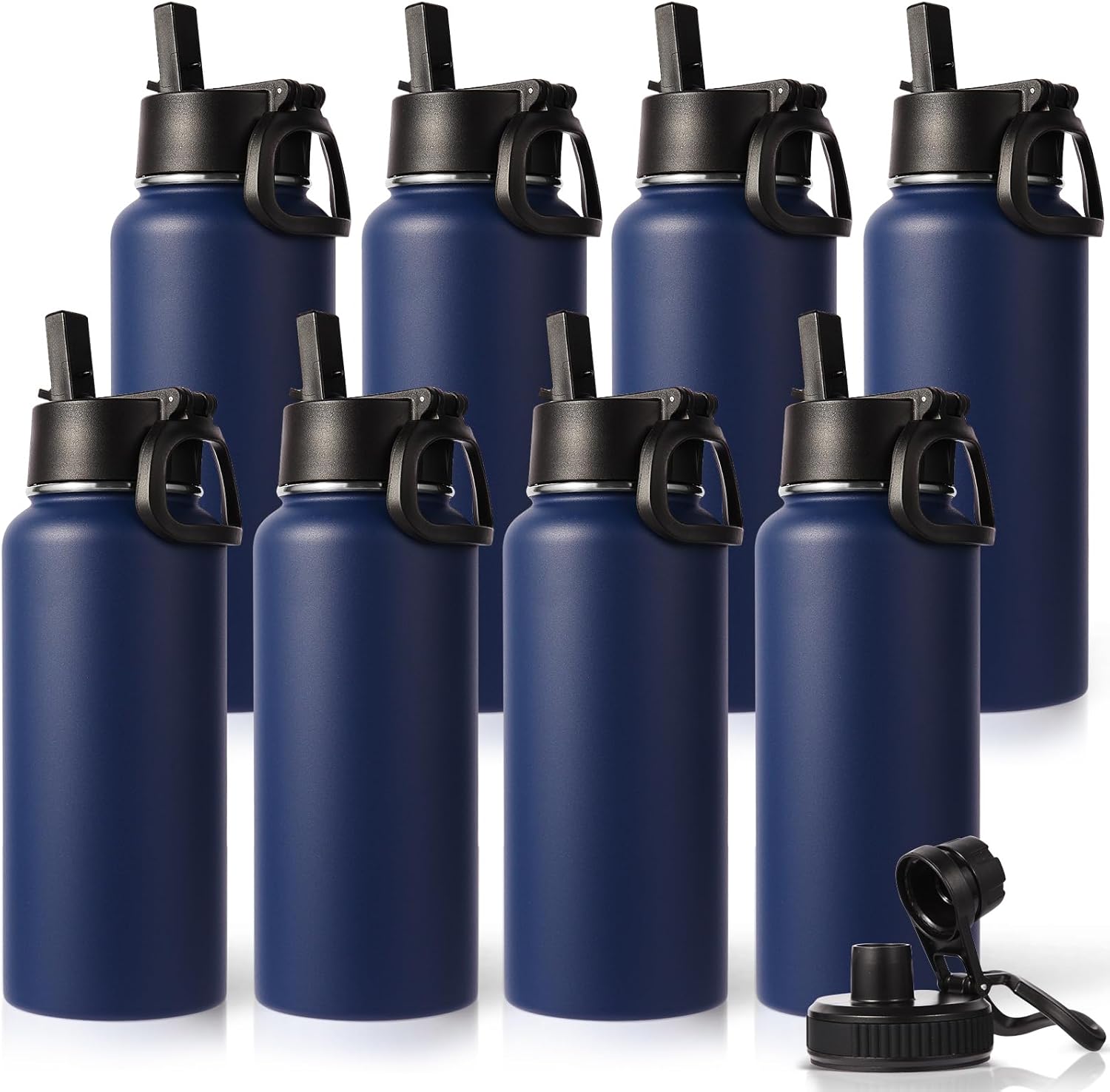 Neihepal Botellas de agua aisladas de 32 onzas a granel con 2 tapas (tapa con pajilla y boquilla), botella de agua de doble pared de acero