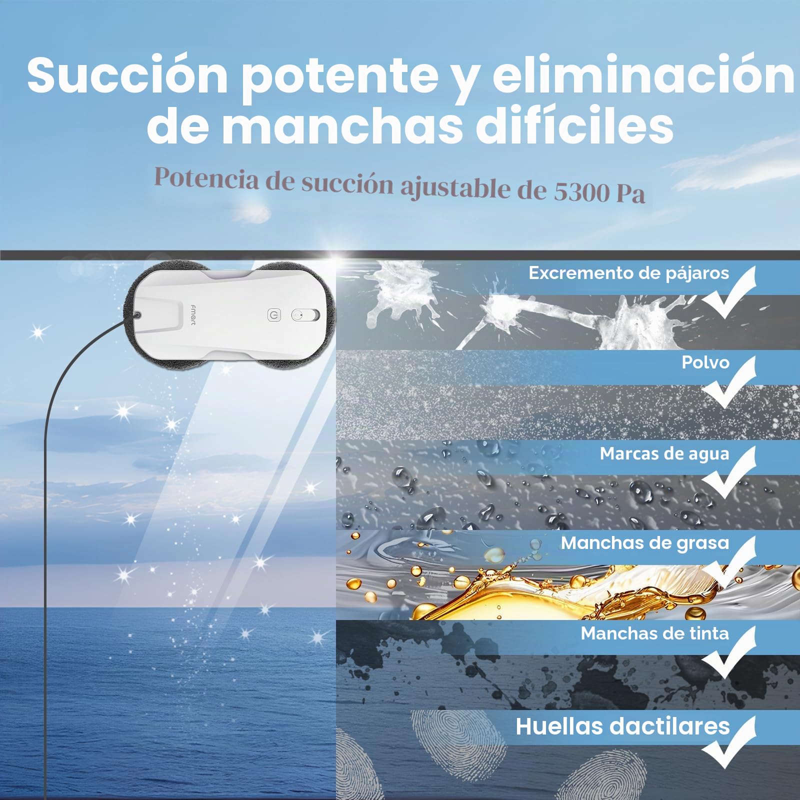 Fmart T11 Robot limpiador de ventanas, sistema cuatro vías, seguridad triple, navegación inteligente, mando a distancia