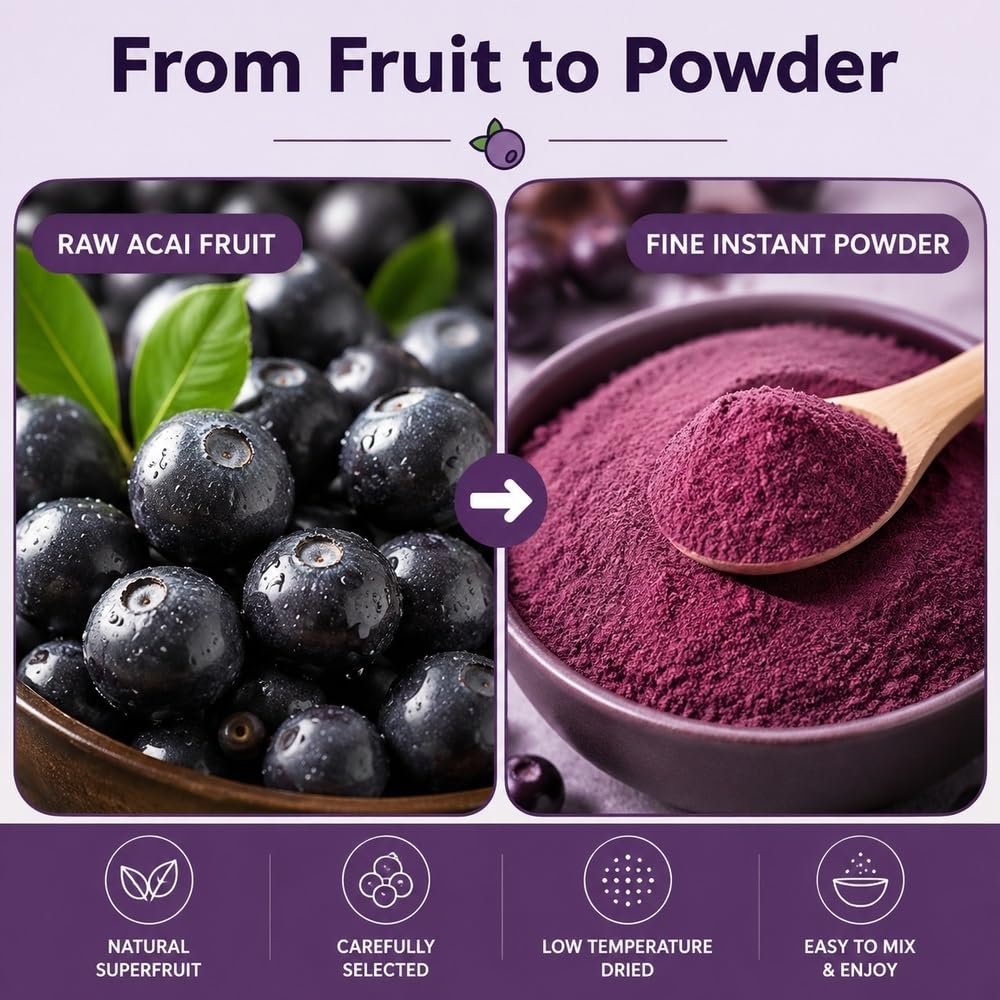 Polvere di bacche di Acai, 20 bustine, 60 g | Acai liofilizzato, senza zuccheri aggiunti, si dissolve facilmente(5boxes)