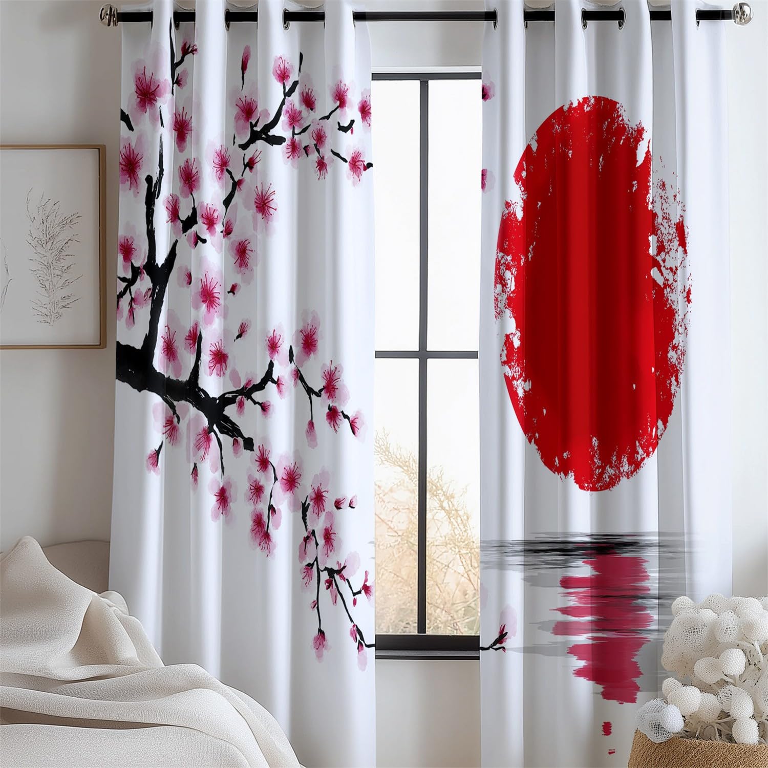 Japoński styl malowanie tuszem zasłony zaciemniające blokujące ciepło do salonu sypialnia 91,5 l x 214 cm (2 panele) zasłony dekoracyjne z oczkami różowy czerwony