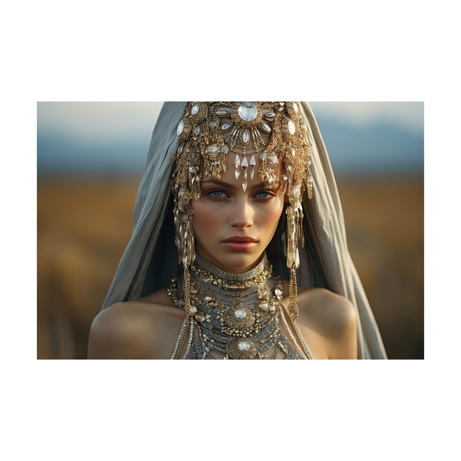 TERUEA Funny Bathroom Wall Art Print Woman With Silver Jeweled Headdress And Veil Portrait Vintage Humor Wall Art Poster for Bathroom Toilet Decor(Silver)-20x30cm Unframed