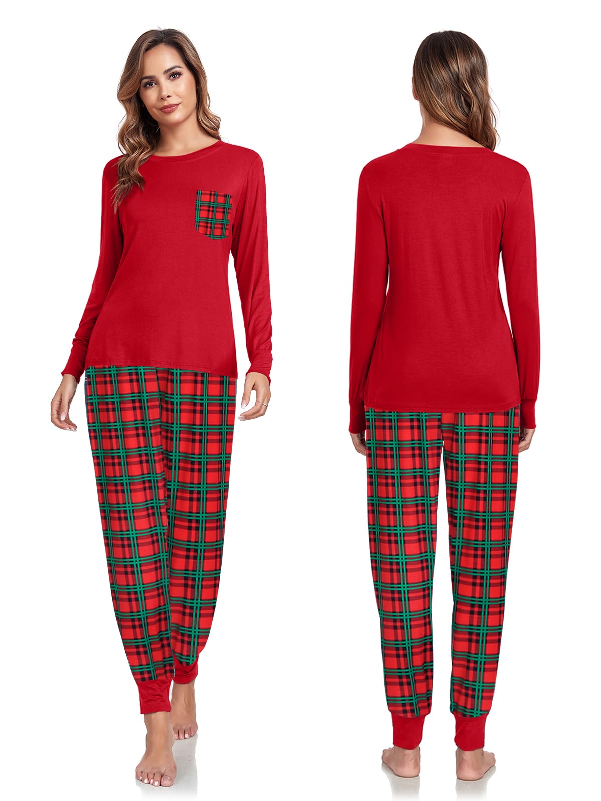 Conjunto de pijama a cuadros de Navidad a juego para parejas, ropa de dormir de manga larga, suave modal con bolsillo, S-3XL