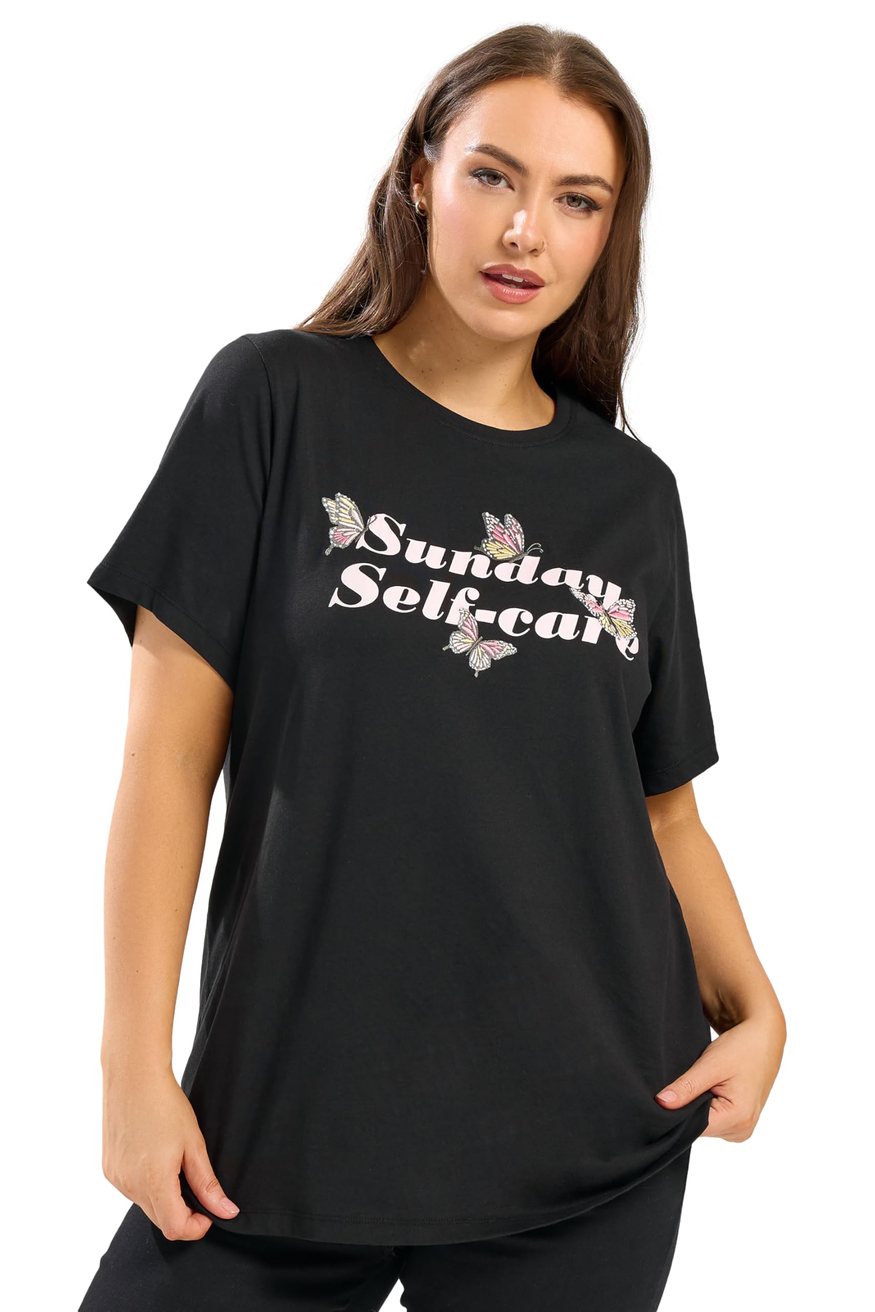 Yours Curve Black 'Sunday Self-Care' Embroidered Butterfly T-Shirt - Women's - Plus Size Curve