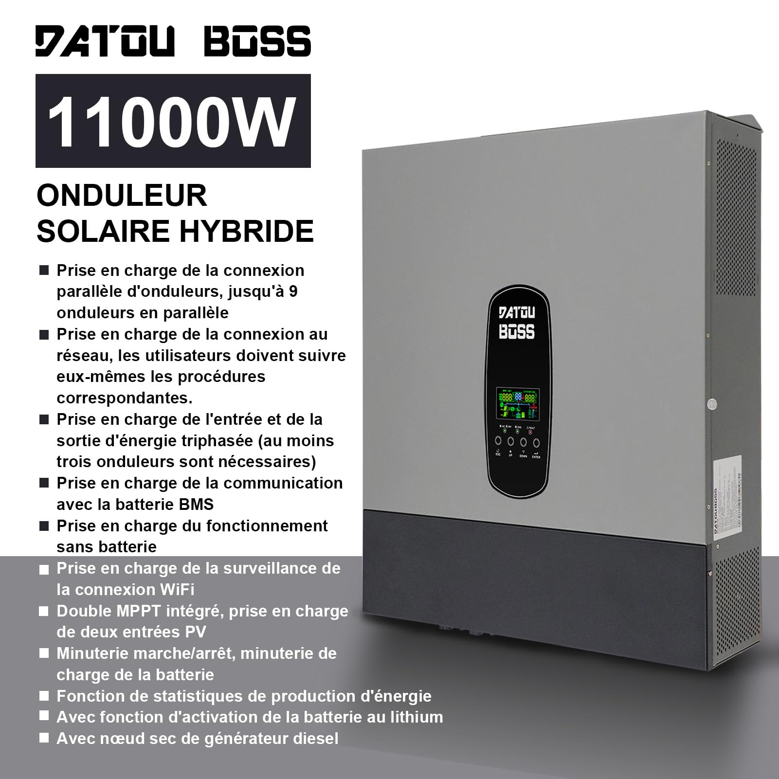 DATOUBOSS 11KW Onduleur Solaire Hybride 48v Pur Sinus, Onduleur Hybride Connecté au Réseau, Prend en Charge la Connexion Parallèle et Fonctionnement sans Batterie avec Contrôleur Solaire MPPT 150A