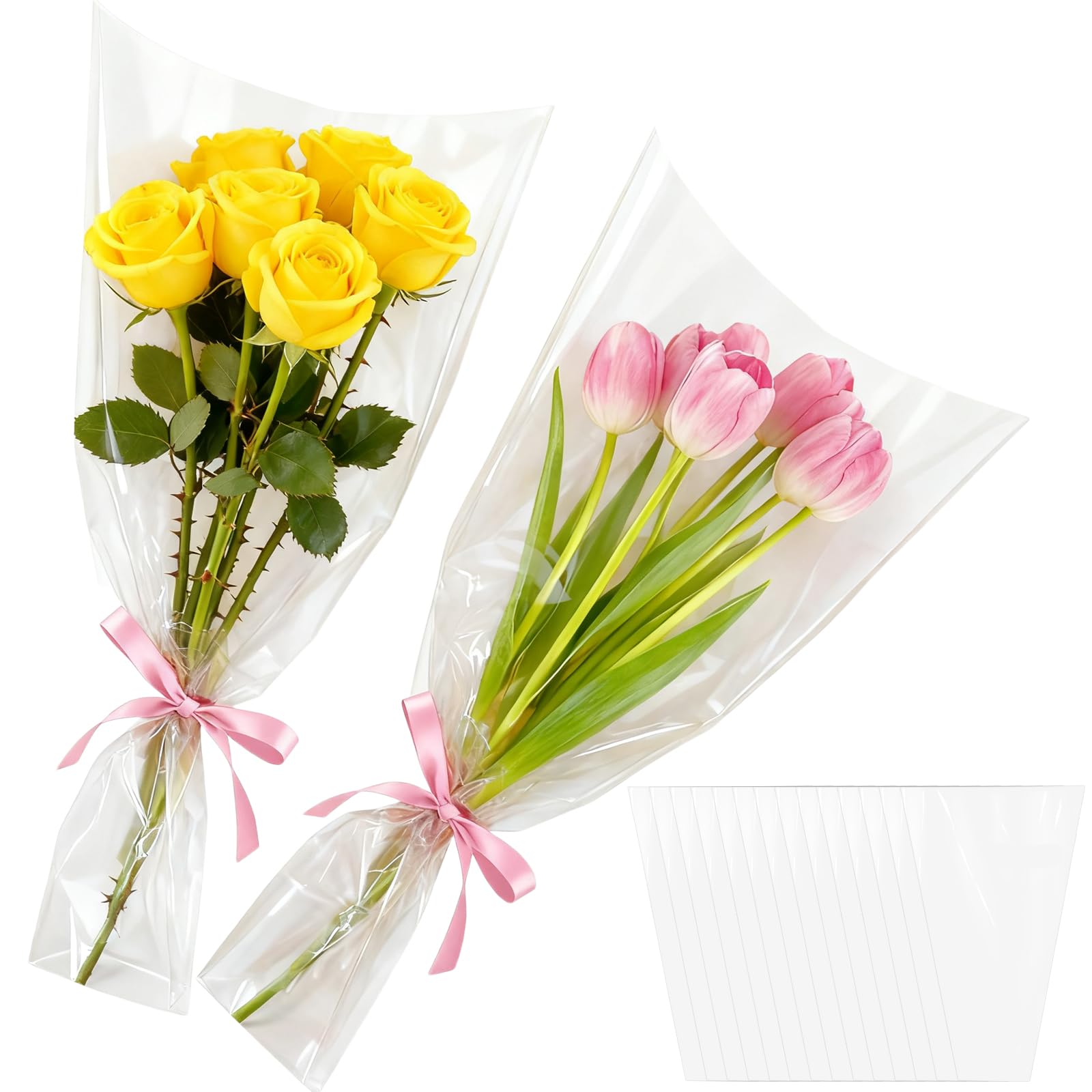 Qjaiune 100PCS Flower Bouquet Bags, Bouquet Wrapping Paper Flower Bar Supplies with Ribbon, Clear Floral Sleeves Floral Bags for Teacher Graduation Wedding Birthday Gift (13.8x3.74x18.1 Inches)-image-36