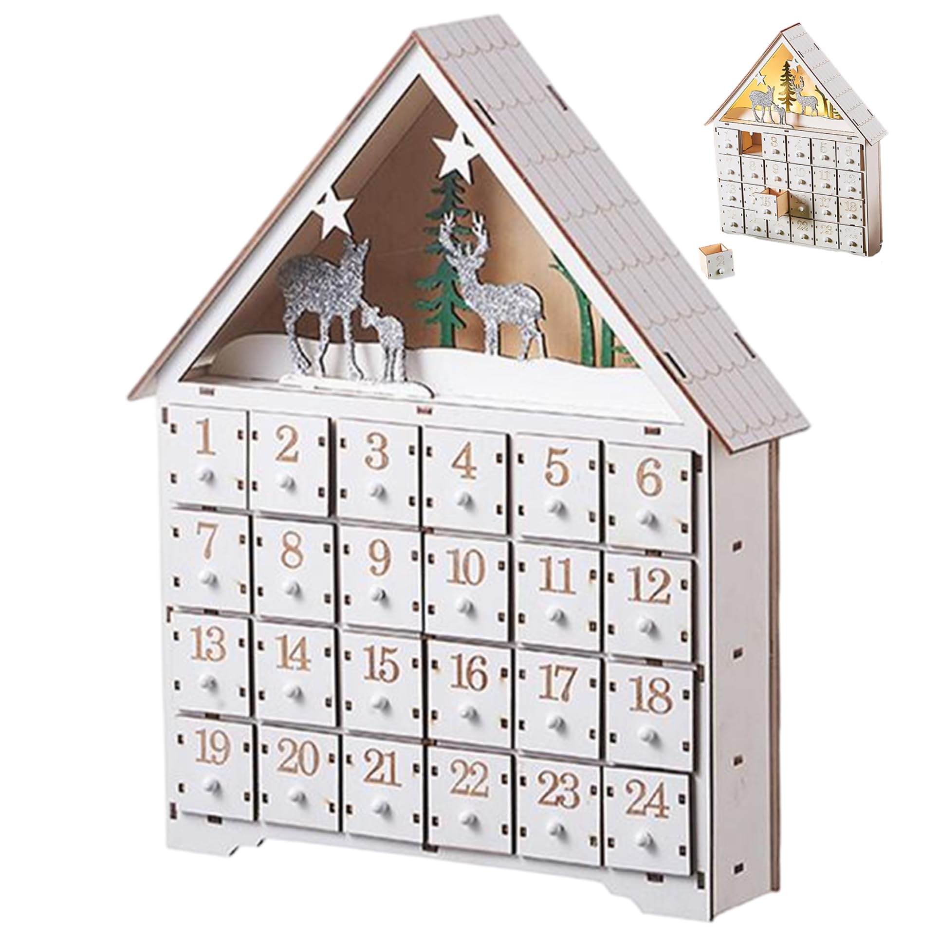 Calendario de Adviento de madera con cajones y luces LED cuenta regresiva de 24 días calendarios de Adviento vacíos pa