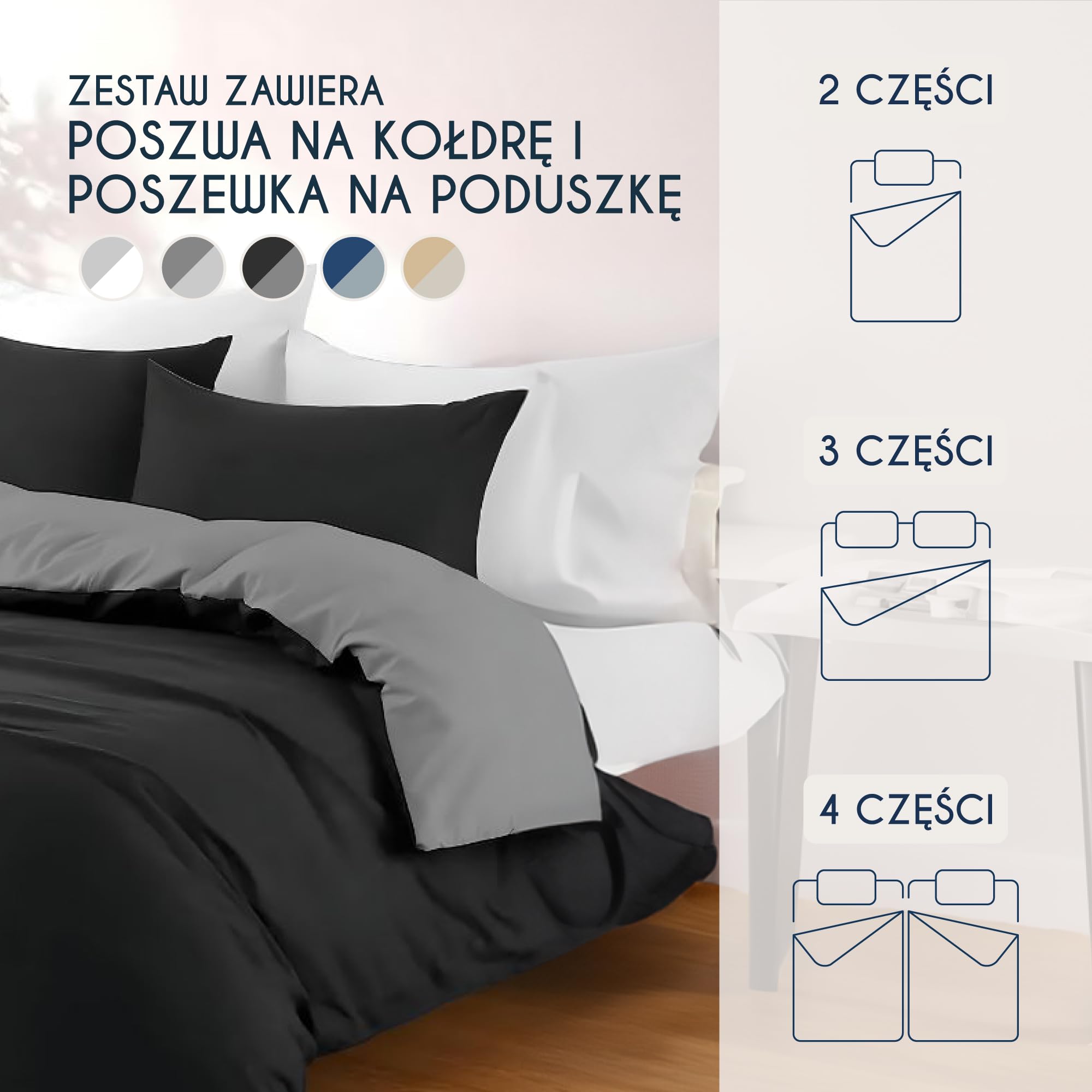 Dreamzie - Poszewka na kołdrę 260x240 cm z 2 poszewkami na poduszki 65x65 cm - Czarny/Ciemnoszary - Zestaw pościeli 260x240 ze 100% mikrofibry - 3 sztuki - Oeko TEX