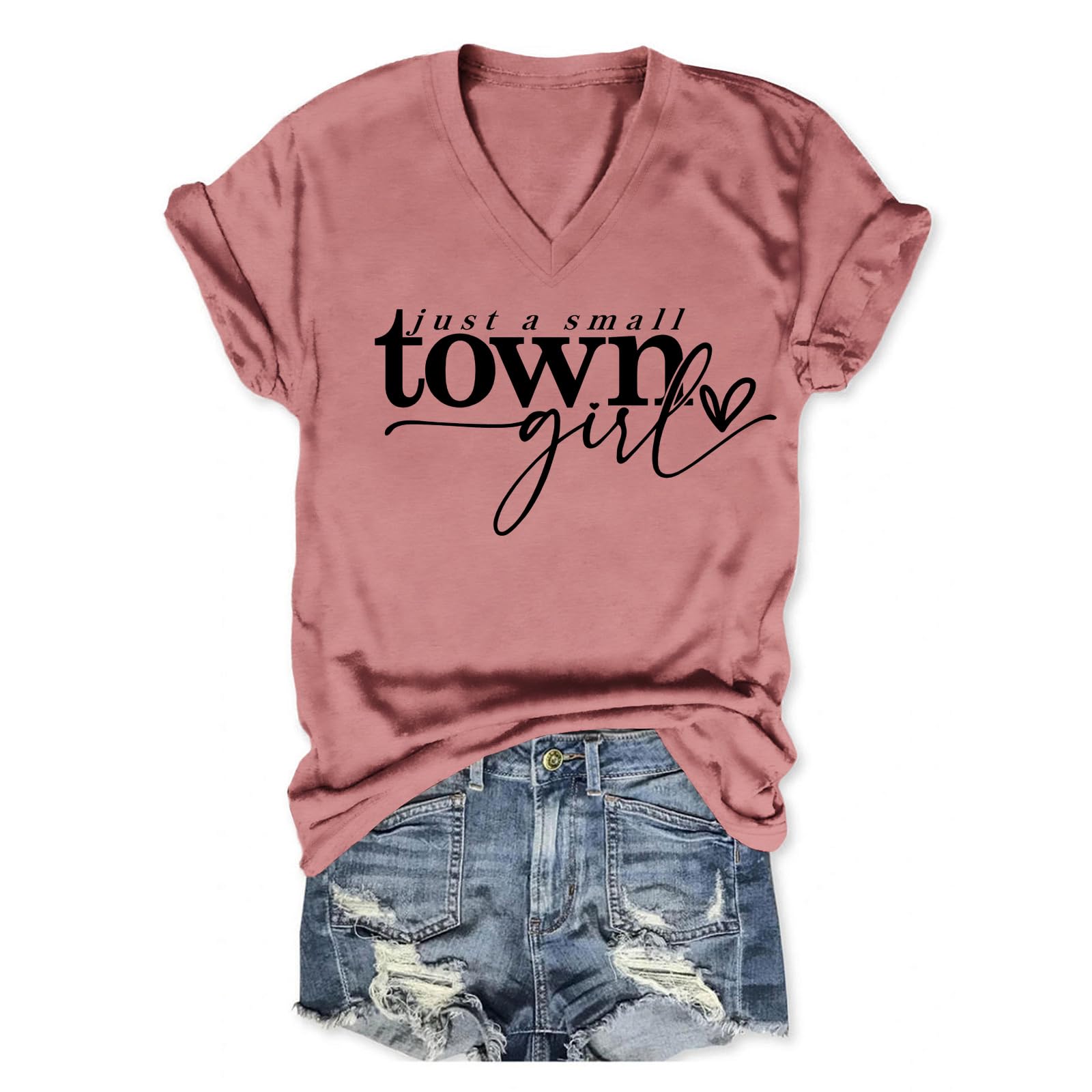 CUZIUAE A Small Town Girl Tshirts for Women Country Travel T Shirts Funny Short Sleeve V Neck Tees Summer Casual Tops