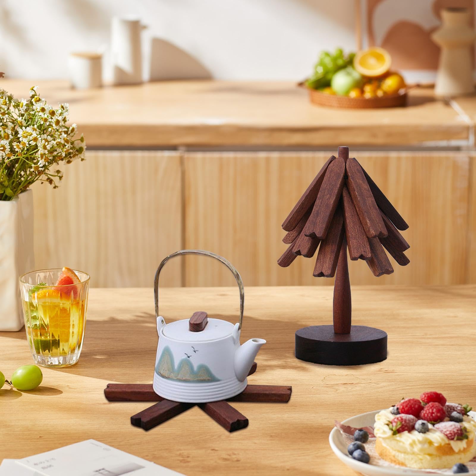 Ensemble de Dessous de Plat en Bois | Dessous de Plat en Bois | Dessous de | plat en bois | Plats chauds, casseroles, théières et poêles | Dessous de plat pliable en bois pour théière, casseroles
