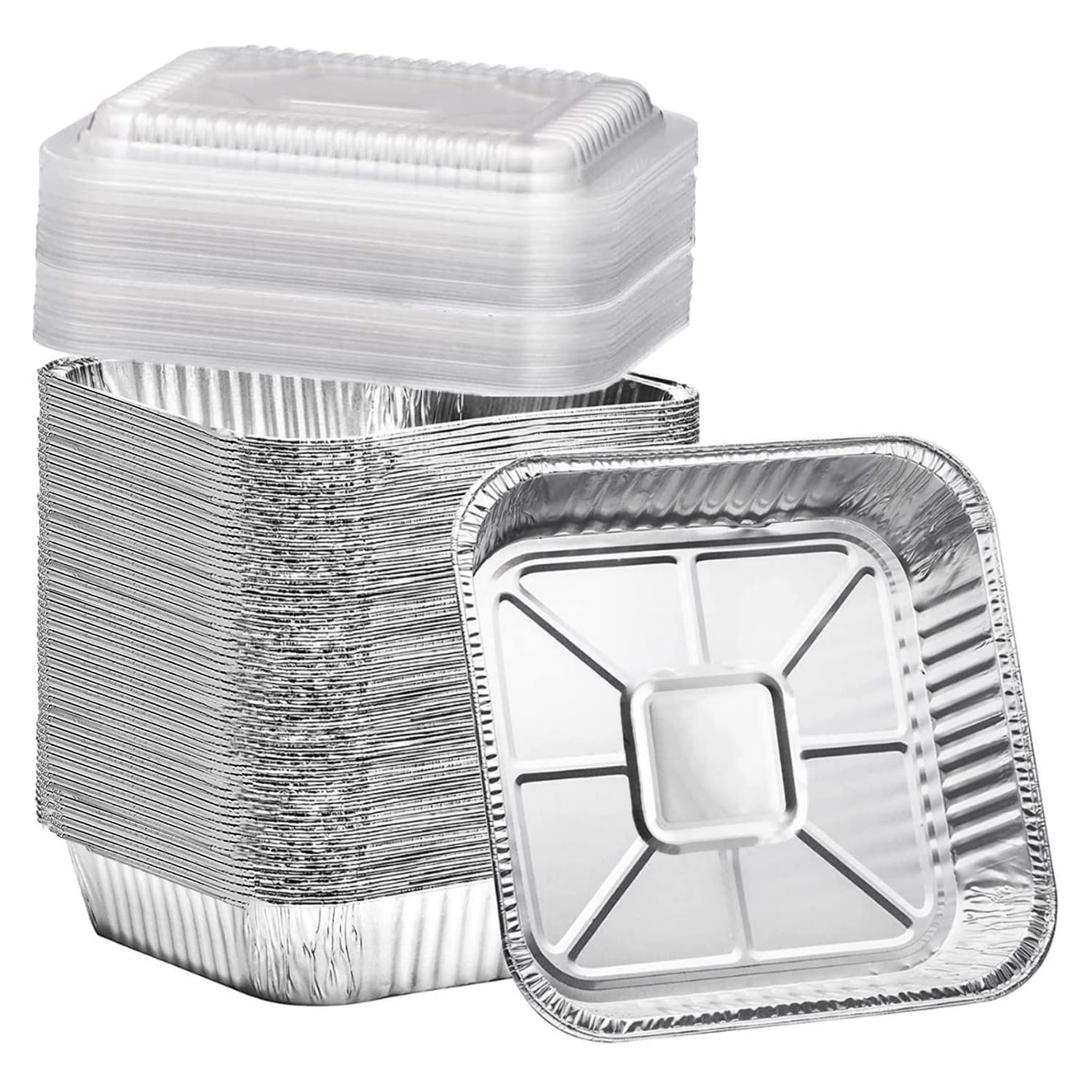 Moldes de aluminio ecológicos y reciclables para hornear con tapas de plástico transparente (8 x 8 pulgadas), bandejas desechables para llevar, cocina, calefacción y preparación de alimentos, paquete