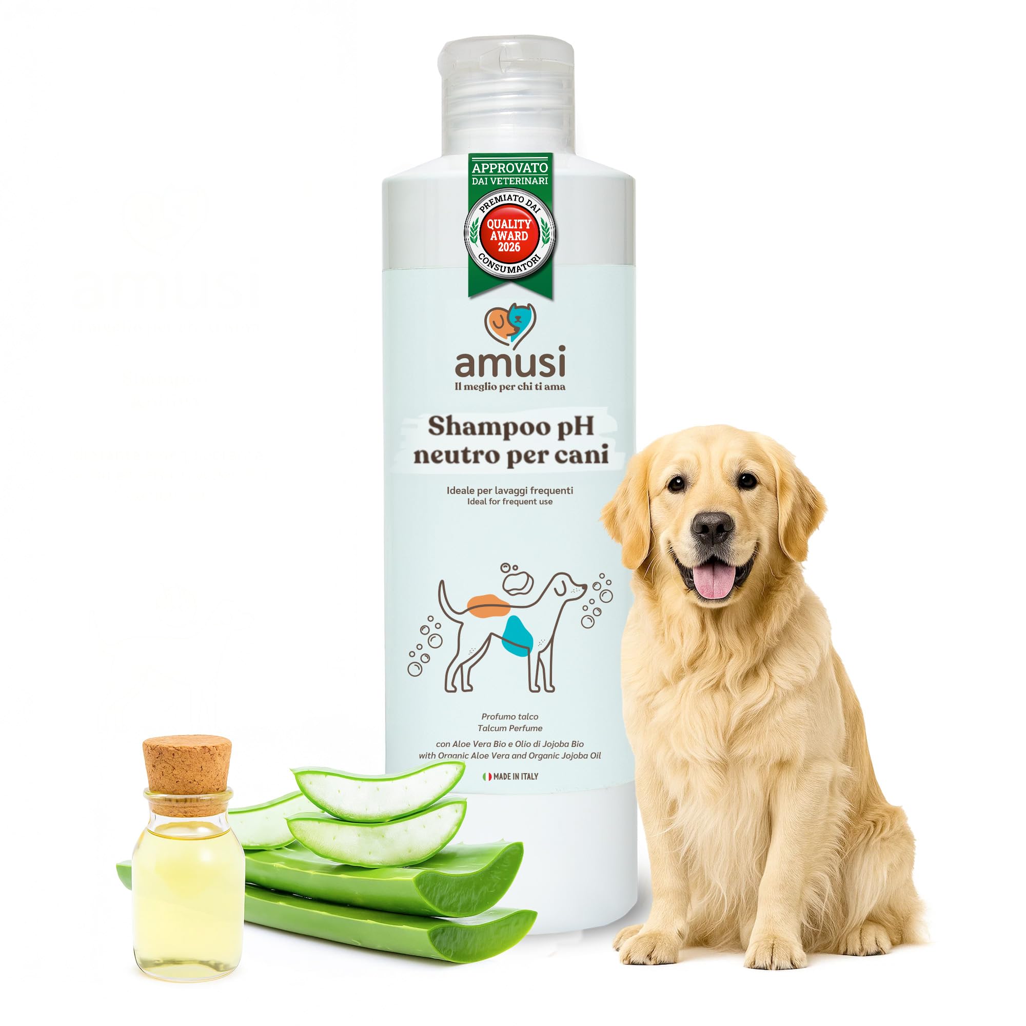 amusi Shampoo Cani Pelo Lungo e Corto - Shampoo Cane Delicato Neutro - Prodotti per Animali Cani pH Bilanciato - per Dermatite Cane
