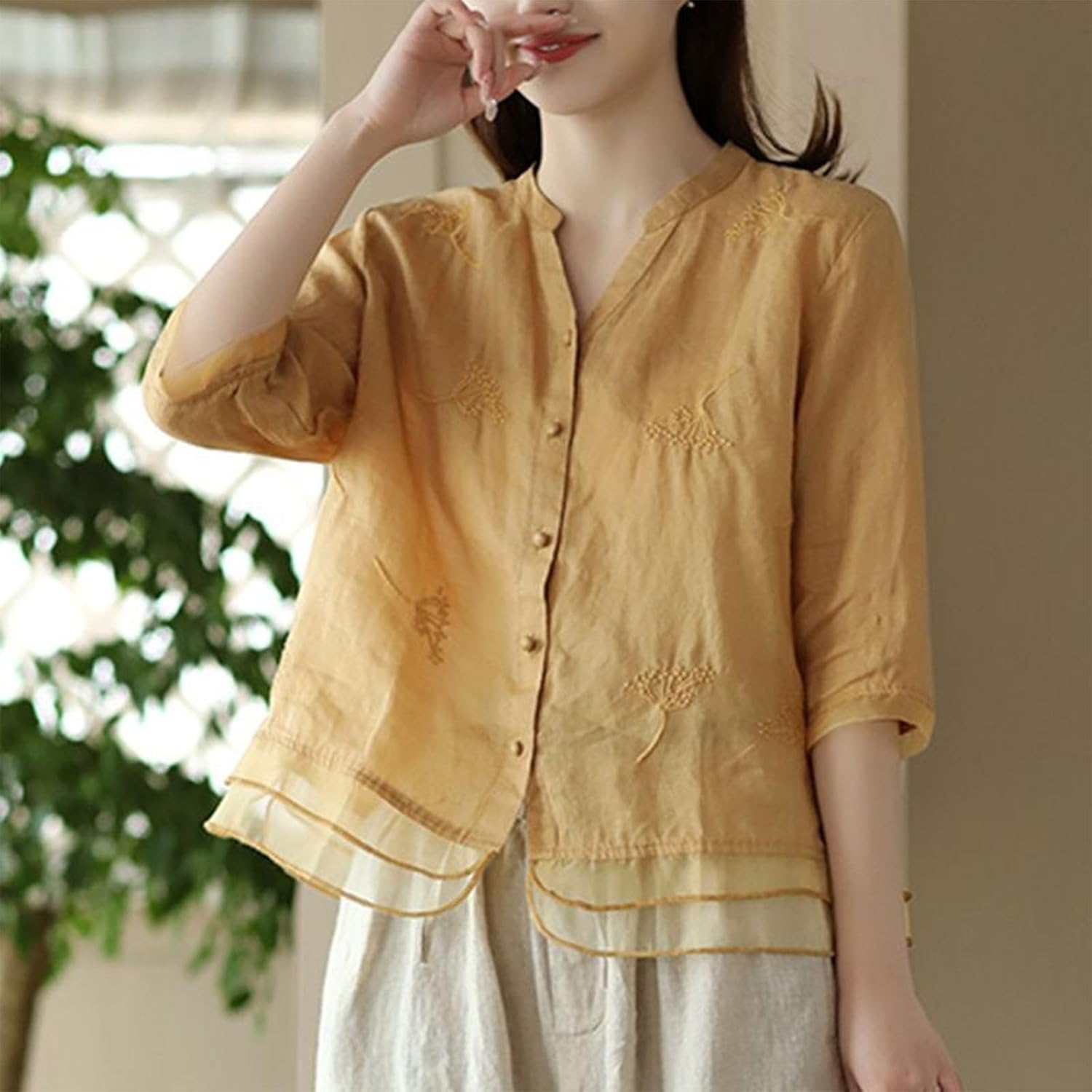 Women's Casual 3/4 Sleeve T-Shirts Round Neck Button Down Tunic Tops Floral Embroidered Tops Trendy Blouses