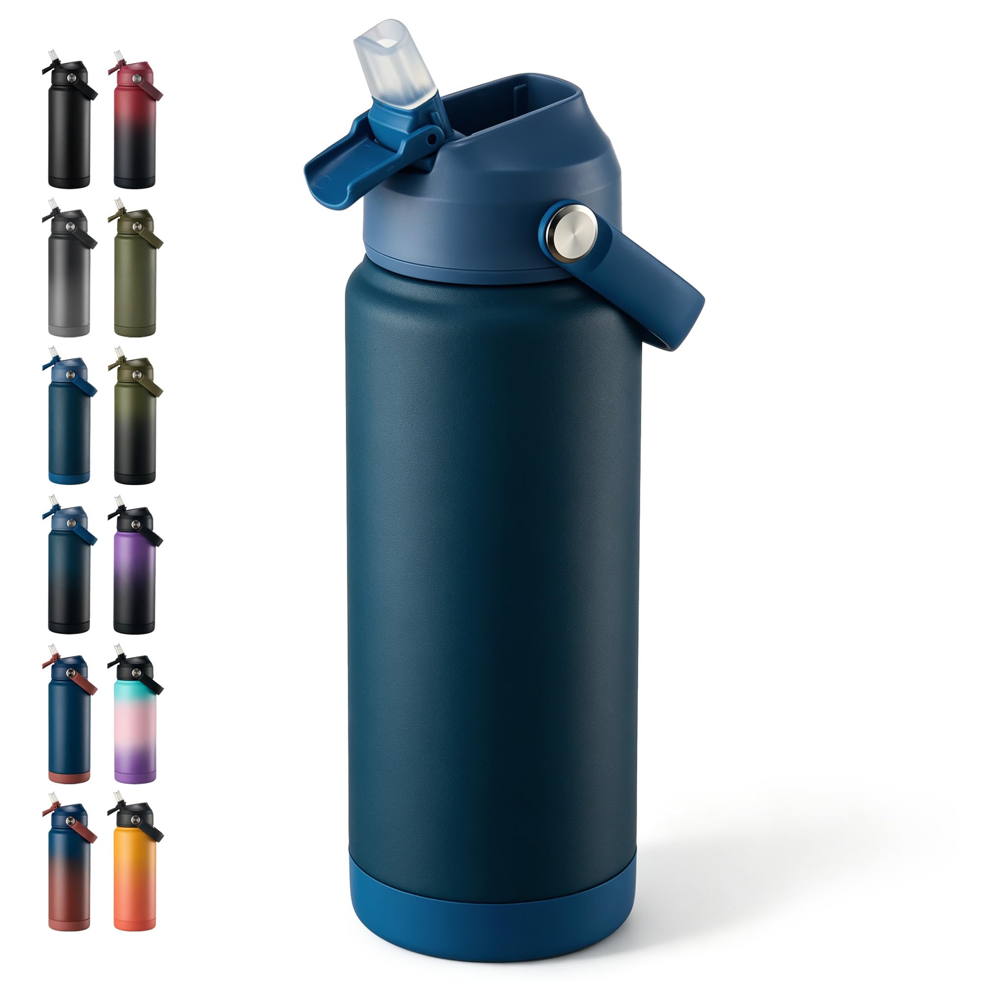 Fijinhom 24 oz Insulated Water Bottle with Straw Lid, Stainless Steel Water Bottles, Double Wall Vacuum, Portable Handle & Non-slip Bottom, BPA Free Leak Proof Metal Bottles, Keep Cold 24H, Dark Blue Dark Blue 24 Ounces