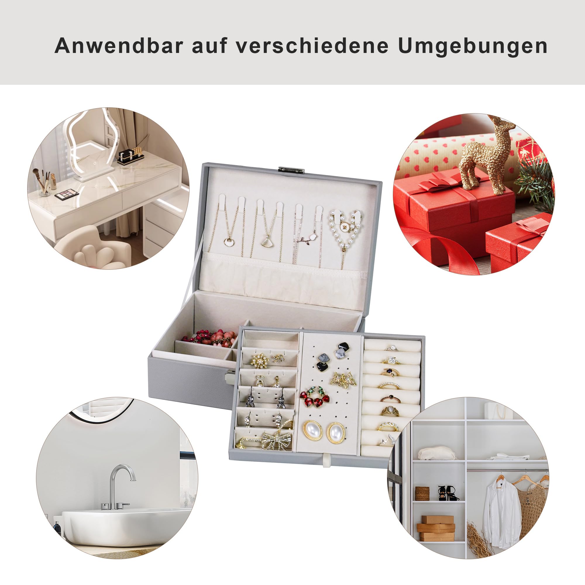 ADEL DREAM Portagioie da Donna Portagioie Rettangolare da Viaggio Piccolo Portagioie per Anelli Orecchini Collana grigio1