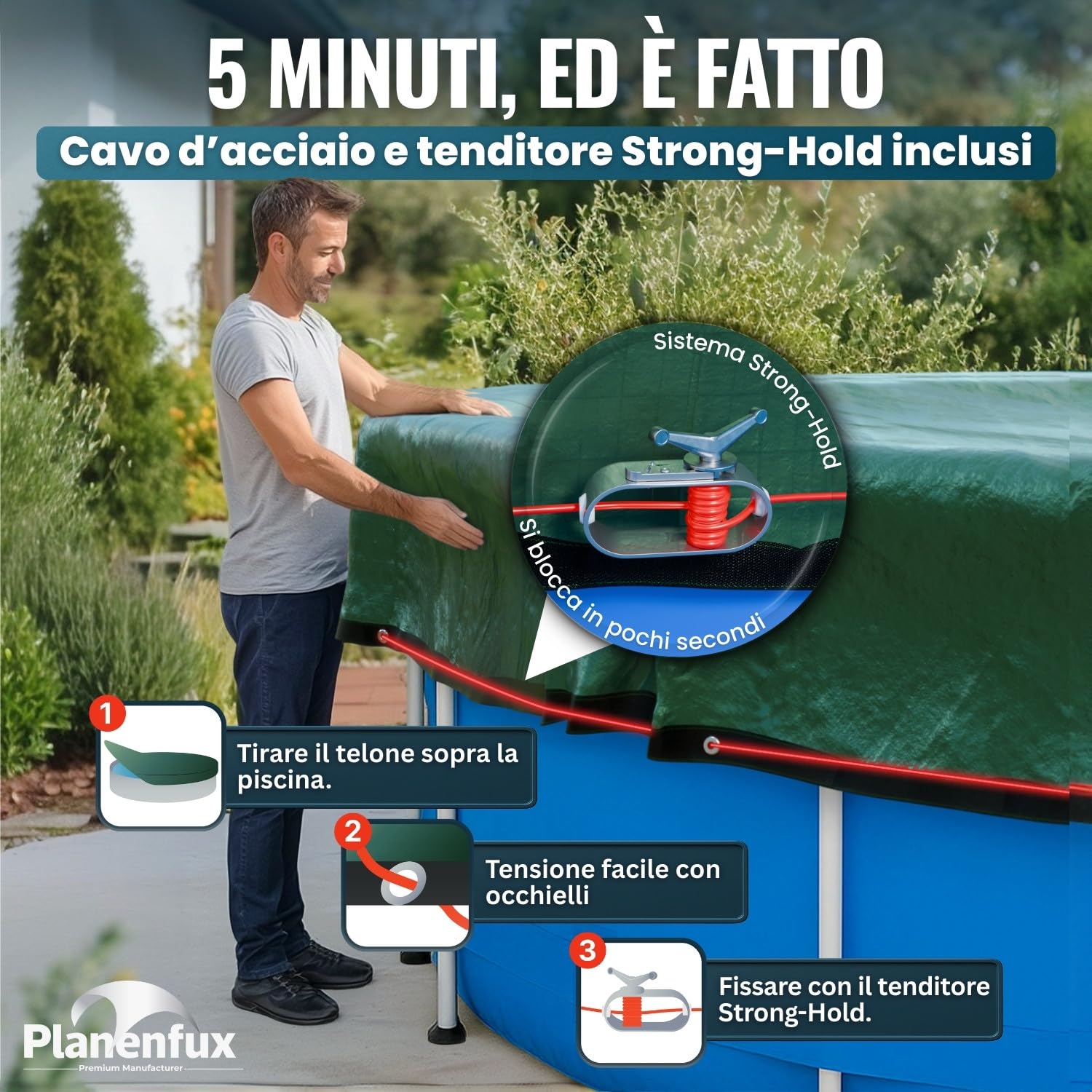 Planenfux® Copertura invernale rotonda per piscine Ø 366 cm (320-366cm) | Telo 2-in-1 in PE 200g/m² | UV-resistente per estate & inverno | Ø420cm Copertura invernale per piscina
