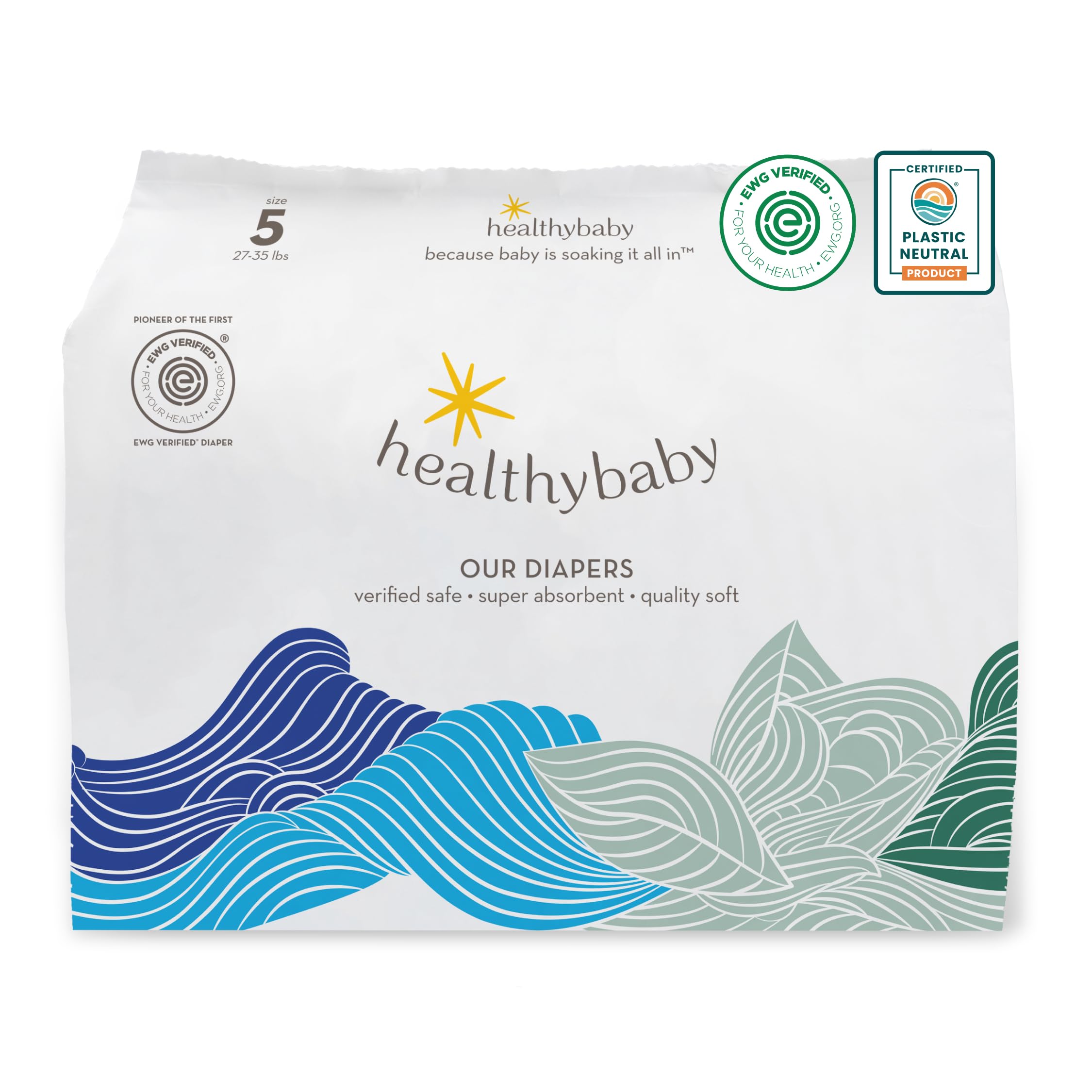 Our Diapers | EWG Verified Safe & Plant-Based Diapers | Leak Protection | Soft Organic Cotton Shell | Chlorine-Free Diaper for Sensitive Skin | Size 5 (27-35 lbs) 30 Count