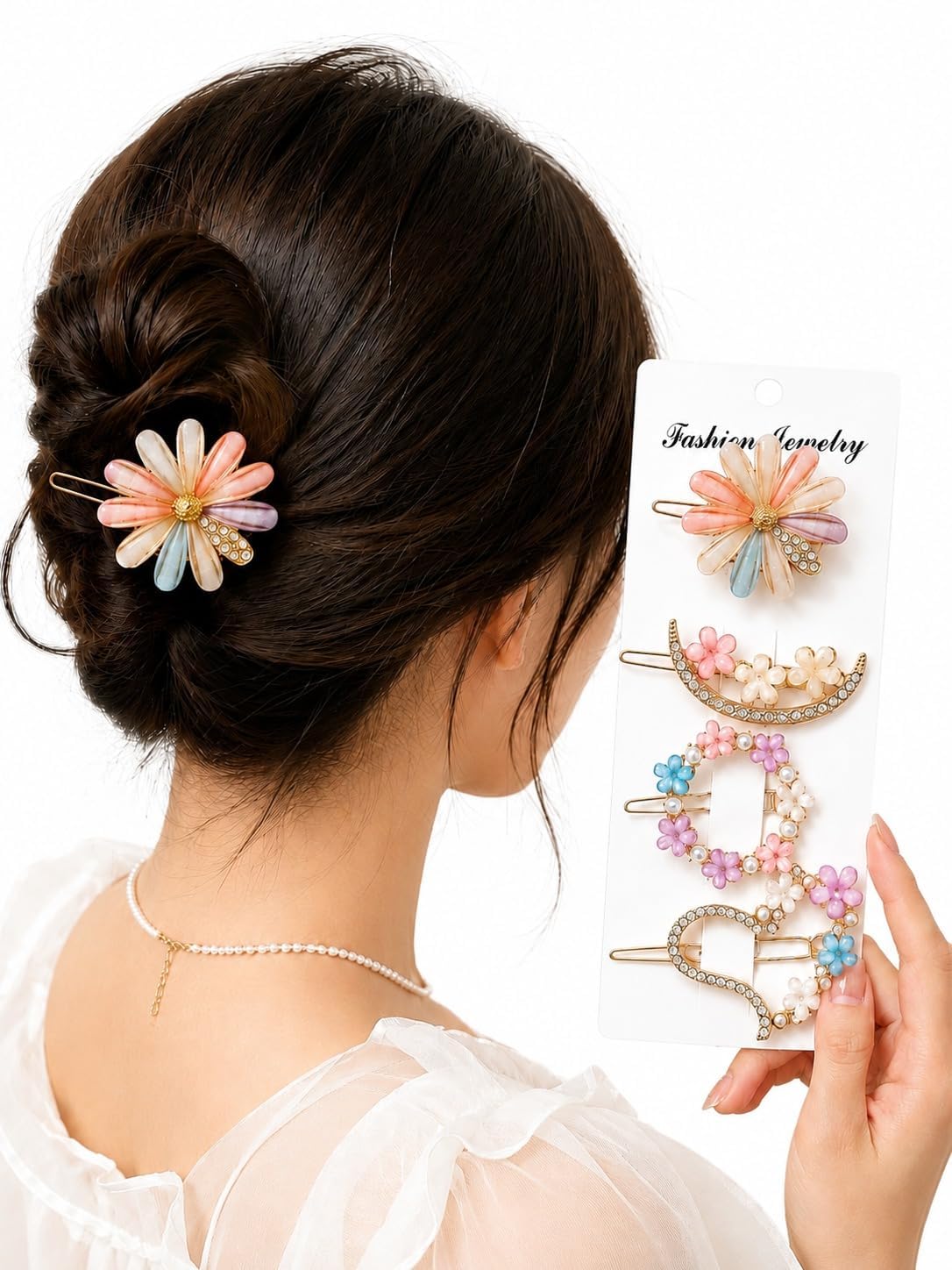 Floral Hair Clips Set for Women & Girls – Cute Crystal Flower & Pearl Gold Hair Pins Combo (Pack of 4) – Stylish Korean Fashion Hair Accessories-image-20