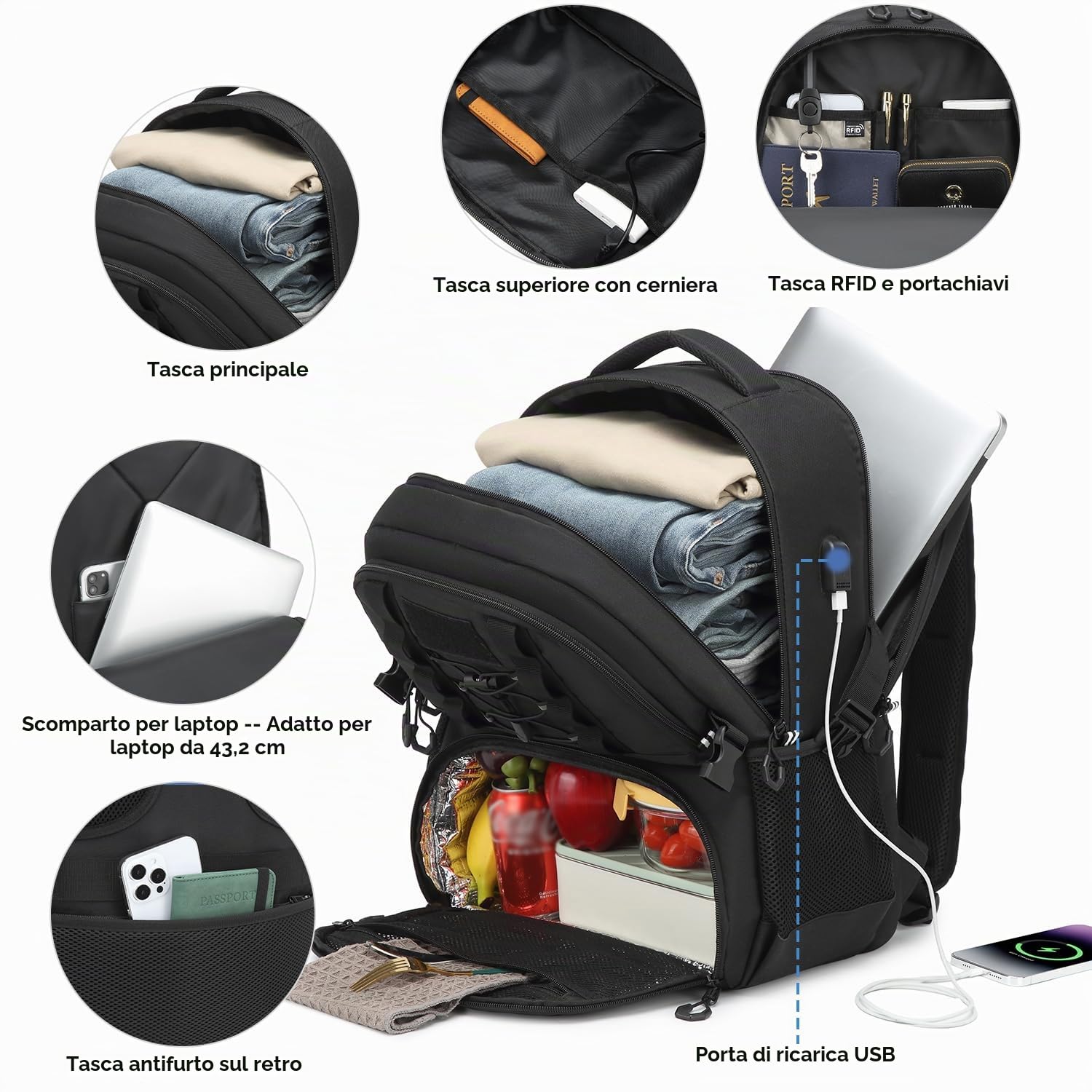 Zaino da lavoro da uomo con scomparto frigo da 17 pollici, con porta di ricarica USB, per lavoro, viaggi, scuola, Nero , Mittelgroße, Tattico