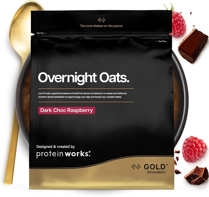 Protein Works | Overnight Oats – GOLD Innovation, High-Protein Breakfast, Chia & Flaxseed, Supports Weight Loss, Low Sugar, Raspberry Dark Chocolate, 7 Servings, 500 g
