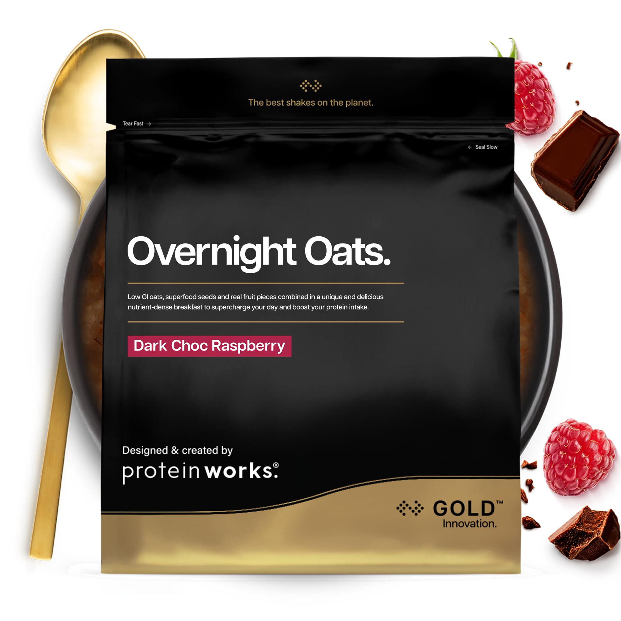 Protein Works - Overnight Oats, High Protein Breakfast, Low Sugar Snack, Low GI Oats, Dark Choc Raspberry, 500 g
