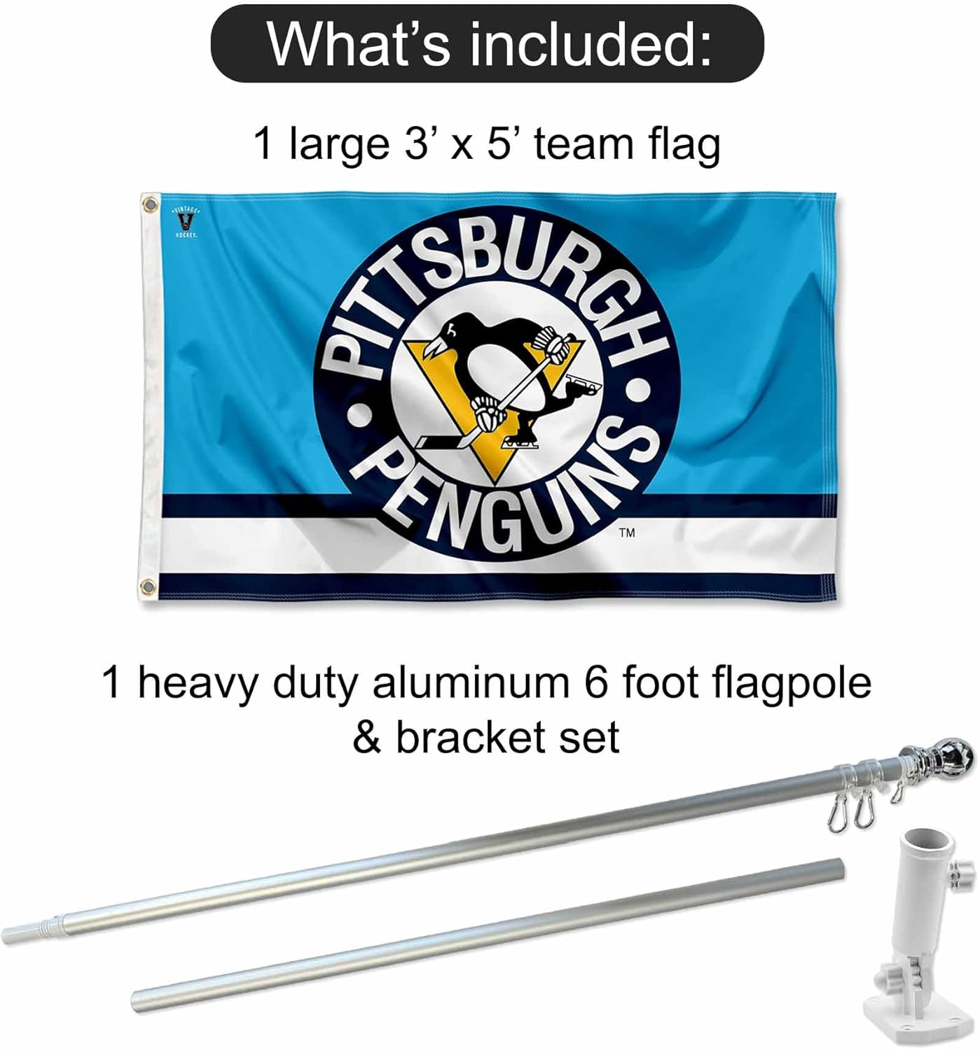Pittsburgh Penguins Vintage Retro Flag Pole and Bracket Set - Image 2