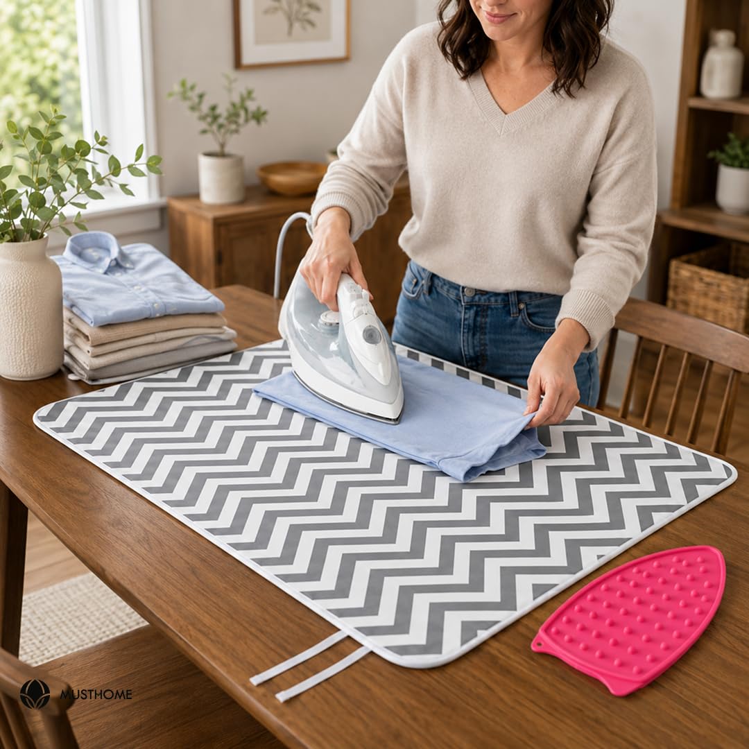 Ironing Mat 50x85cm with Separate Silicone Iron Rest Pad | Cotton Felt Padded Foldable Press Mat for Table & Bed | Heat Resistant Portable Ironing Board Alternative-image-36