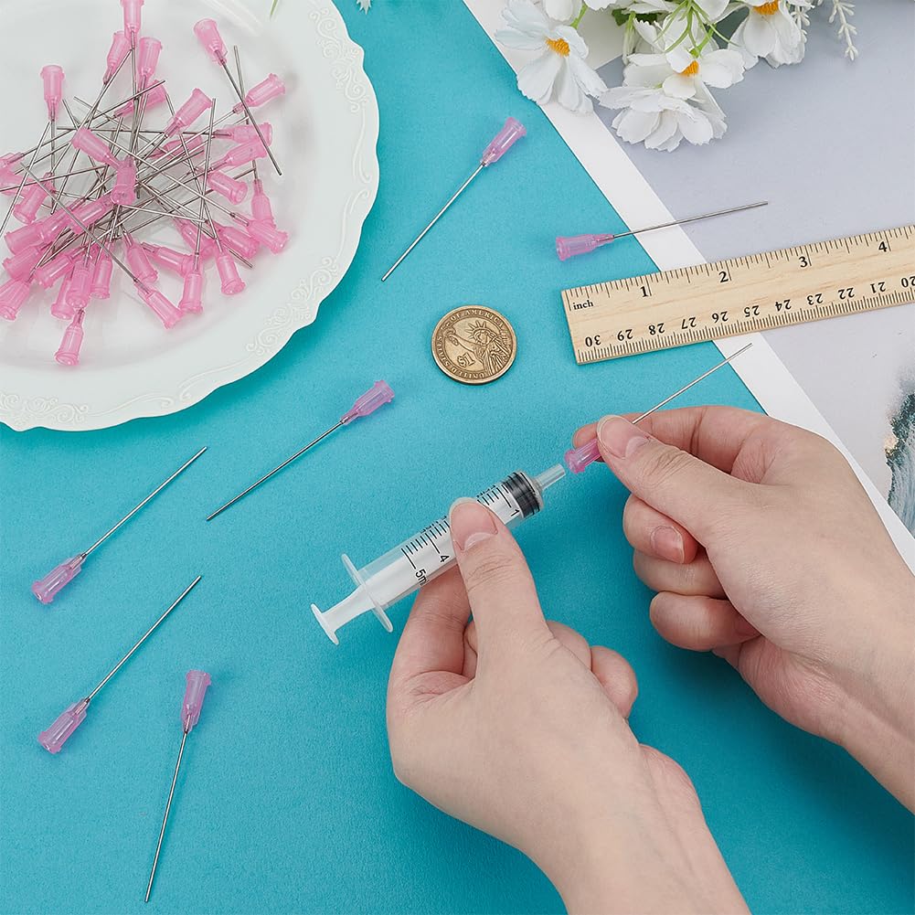 FINGERINSPIRE 40Pcs Aiguille de Distribution à Pointe Émoussée 20G | Avec Luer Lock, 68mm de Long, Plastique, Rose, 304 Broches en Acier Inoxydable, pour Remplissage Encres Liquides et Colle
