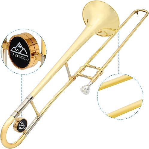Miniatura 15 de EASTROCK Bb Tenor Slide Trombón B, instrumento de trombón chapado en latón plano para estudiantes principiantes con estuche rígido, con boquilla