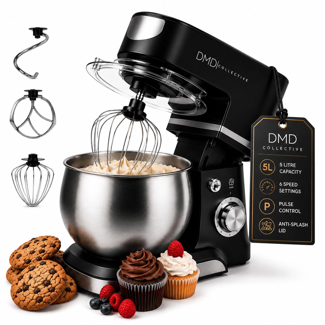 DMD Collective - Digital Stand Mixer For Baking Food Mixer, 5L Bowl 6 Speed Pulse Mode with Tilt-Head, Kitchen Electric Mixer with Dough Hook, Whisk, Beater, Splash Guard 1300W