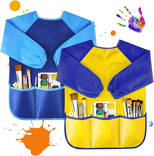 Kids Art Smocks 2 Pack, Toddler Smock Waterproof Artist Painting Aprons Long with Long Sleeve & 3 Pockets for Age 3-8