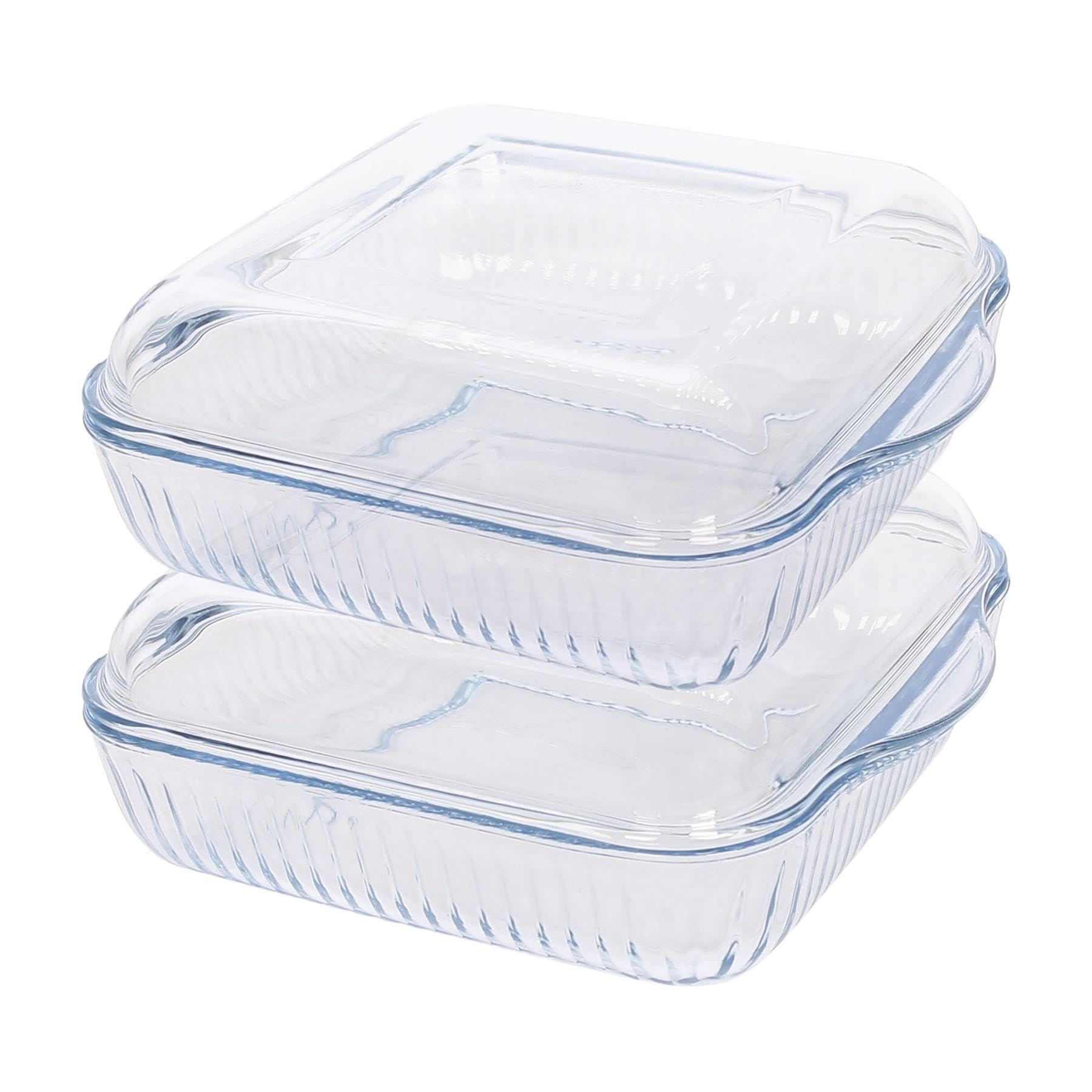 Argon Tableware Optical Square Glass Oven Dishes with Lid - 24cm x 21cm - 2x Large Deep Baking Casserole Lasagne Roasting Roaster Cooking Tray Bowl | Microwave Safe, Freezer Safe