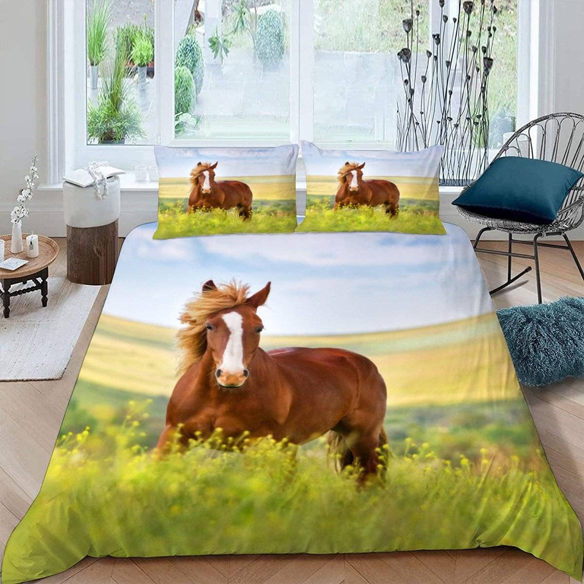 RFFLUX 3D Horse King size Bedding Sets 3 Pieces 220x230 Ultra Soft Microfiber Animal Horse Duvet Cover with Zipper Closure Easy Care Quilt Cover with 2 Pillowcase for Adults Room Decor