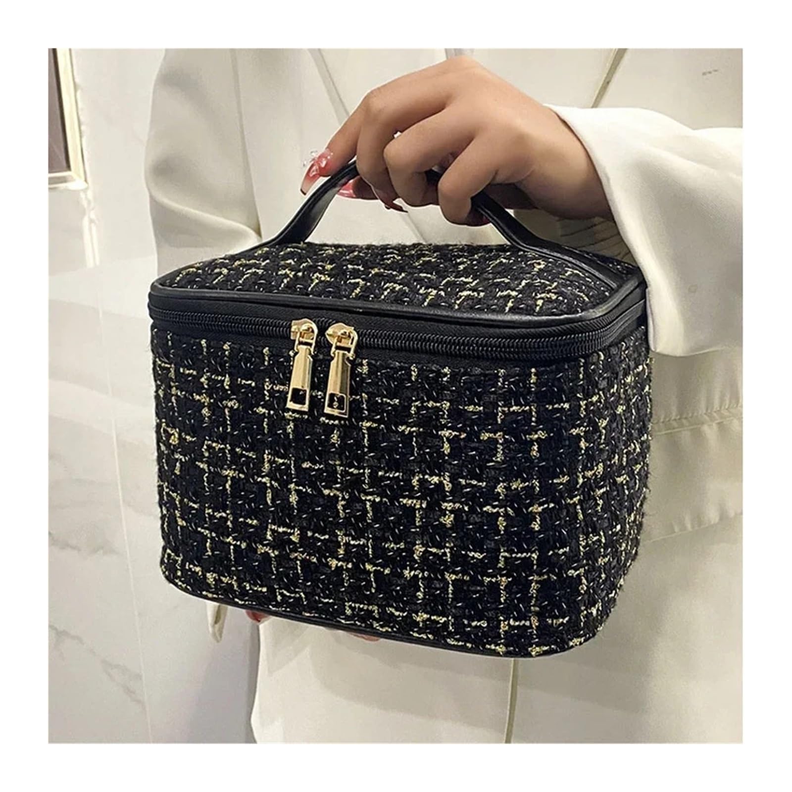 Bolsa Maquillaje Bolso de Mujer, Bolso de Maquillaje de Estilo Tejido, portátil, Bolsa de Maquillaje portátil, Bolsa de Almacenamiento Grande de Moda