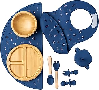 Bamboo & Silicone Baby Feeding Set 8 PCS | Baby Led Weaning Supplies Self Feeding | Divided Suction Plate Bowl Bib Sippy Cup with Straw Utensils Baby Bowls and Spoons Toddler Feeding (Midnight Blue)