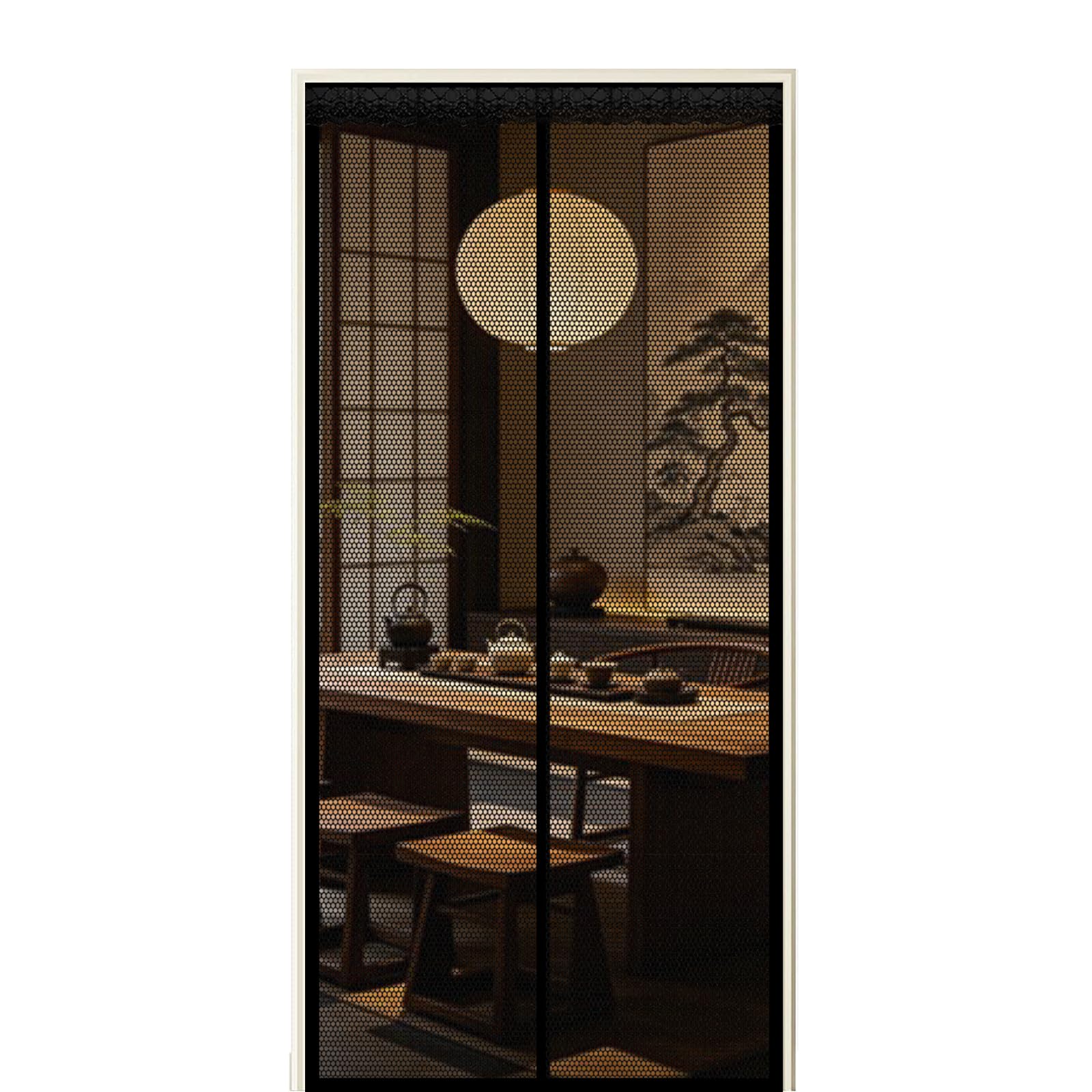 Screen Door 195 x 255 cm Self Sealing Powerful Magnets Hands Free Mesh Net Partition with Powerful Magnets & Full Frame Magic Tape Suitable for Patio Doors Balcony Bedroom, Black