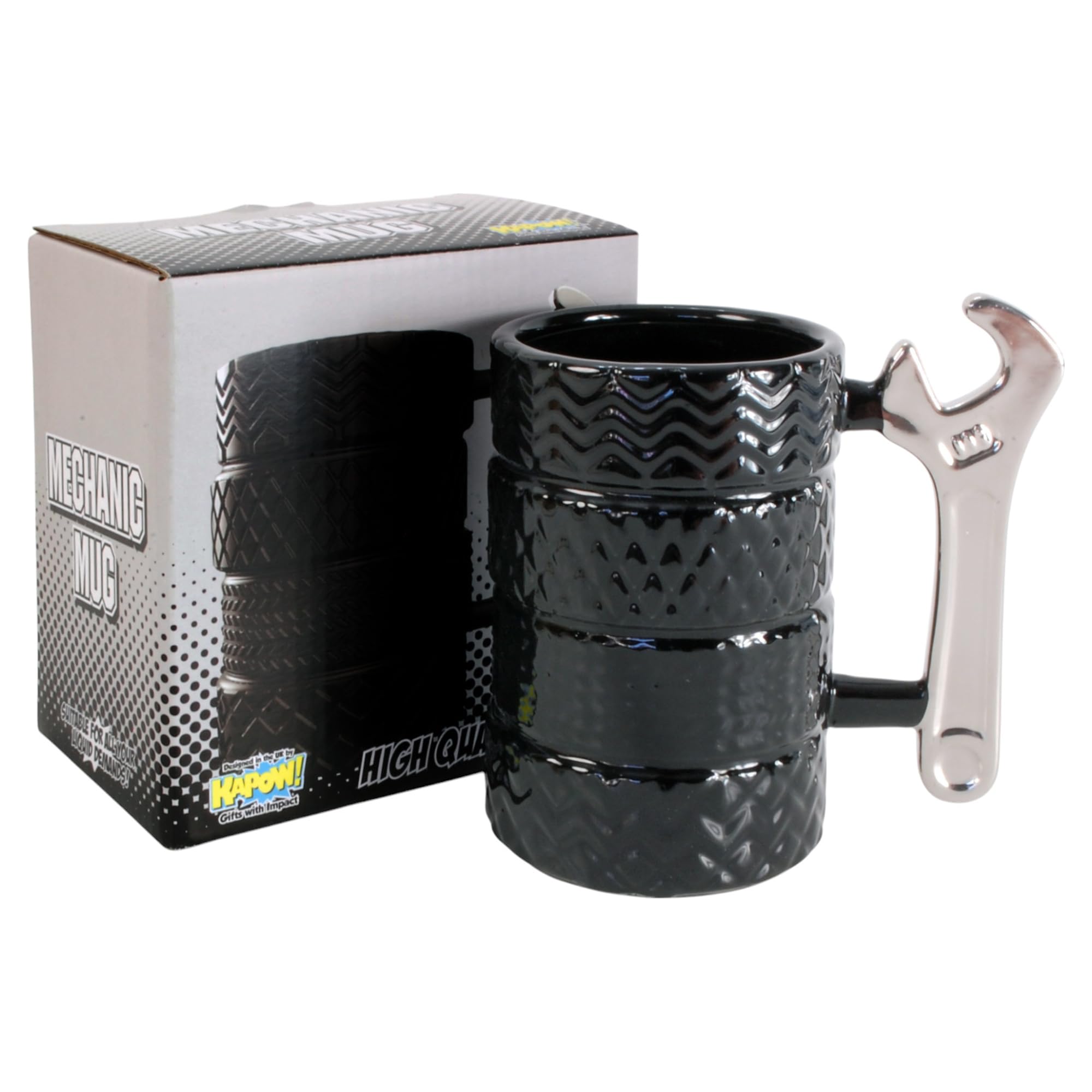 Mechanic Themed Ceramic Mug with Tyre Shaped Textured Design, 12 cm Height, Black Gift Boxed Cup