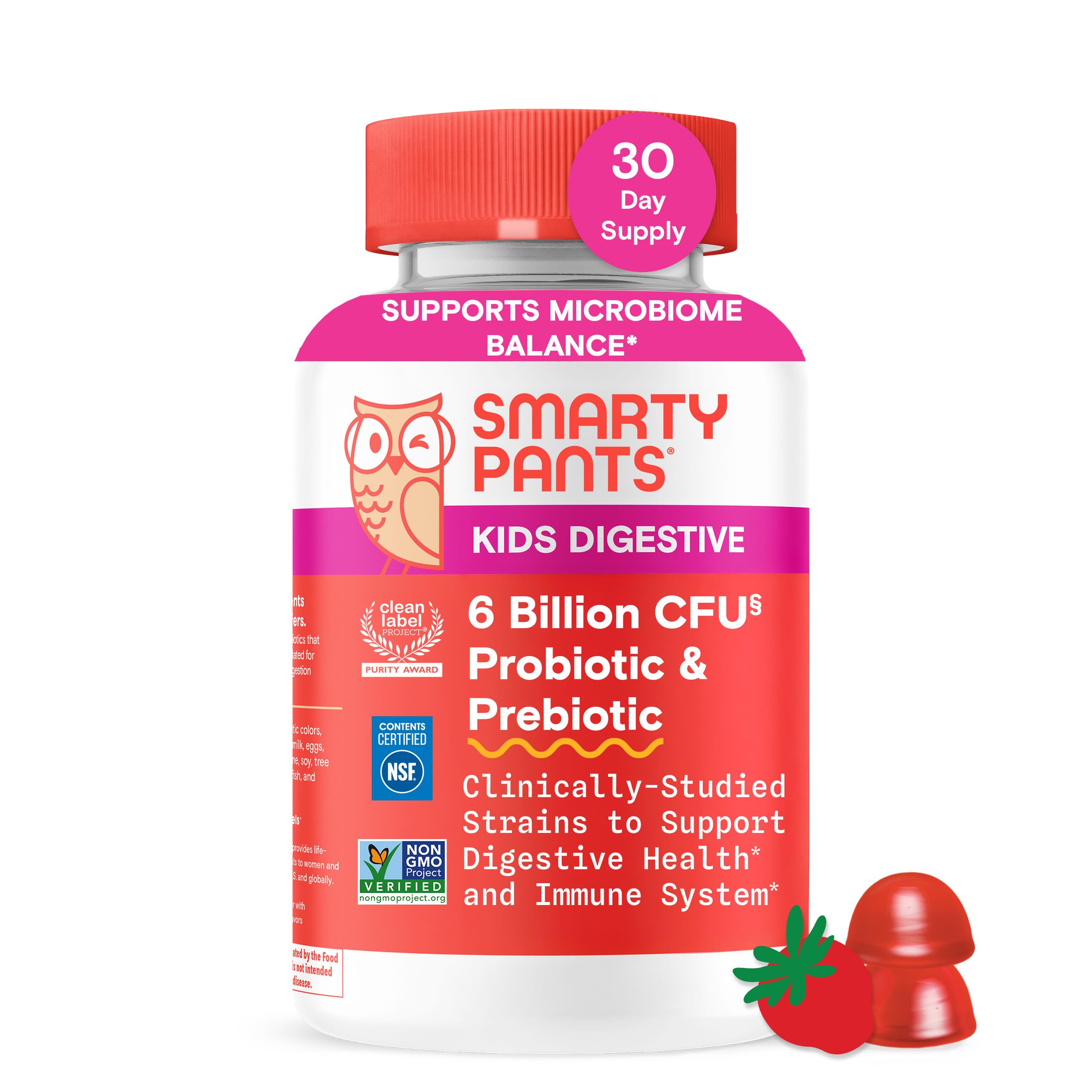 SmartyPantsKids Probiotic & Prebiotic Gummies for Digestive Health: Gut Health Supplement, Clinically Studied Prebiotic for Immune Support, Strawberry, 60 Count (30 Day Supply)