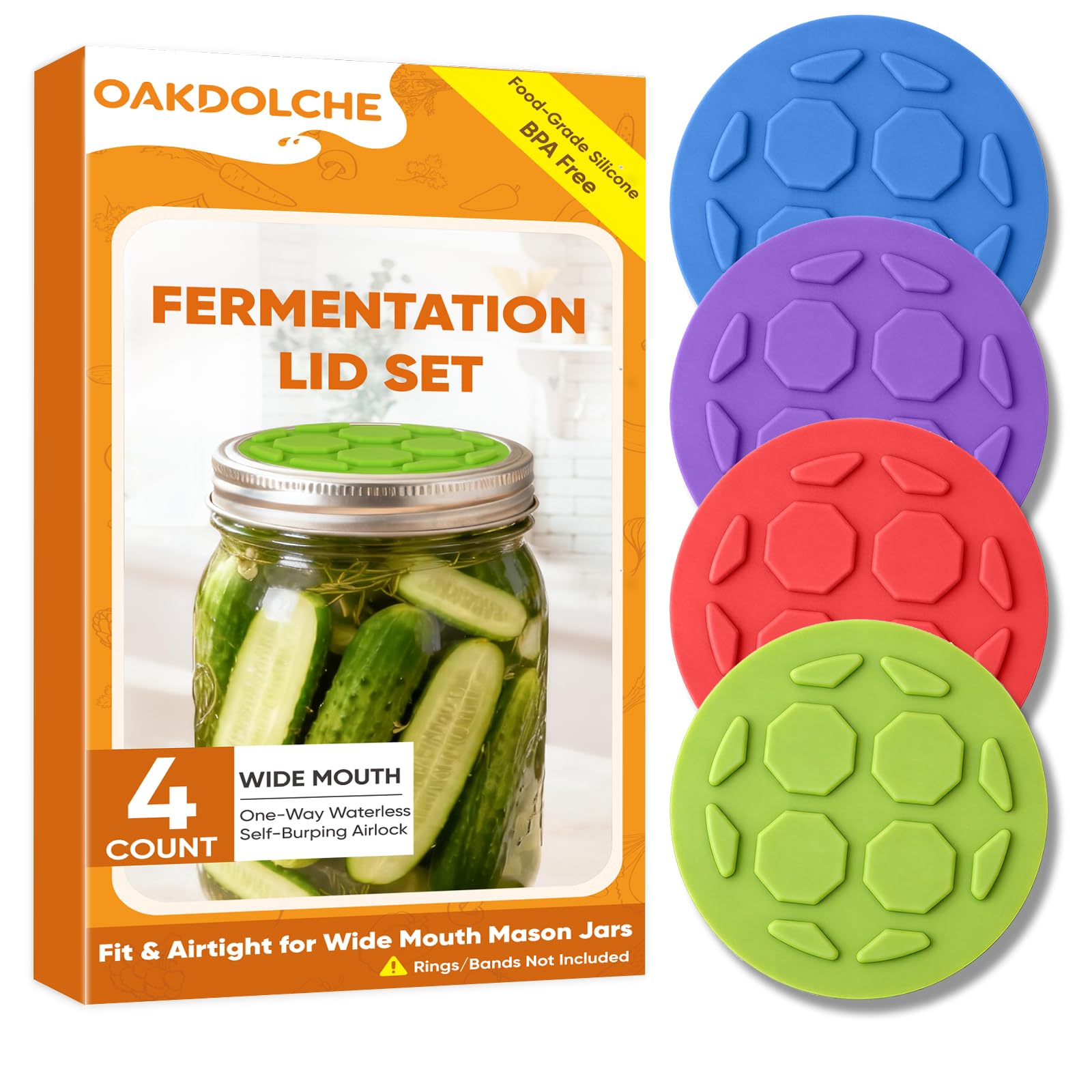 4PCS Silicone Fermentation Lids for Wide Mouth Mason Jars | One-Way Airlock Valve, Self-Burping for Sauerkraut, Sourdough Starter & Probiotics (Patented)