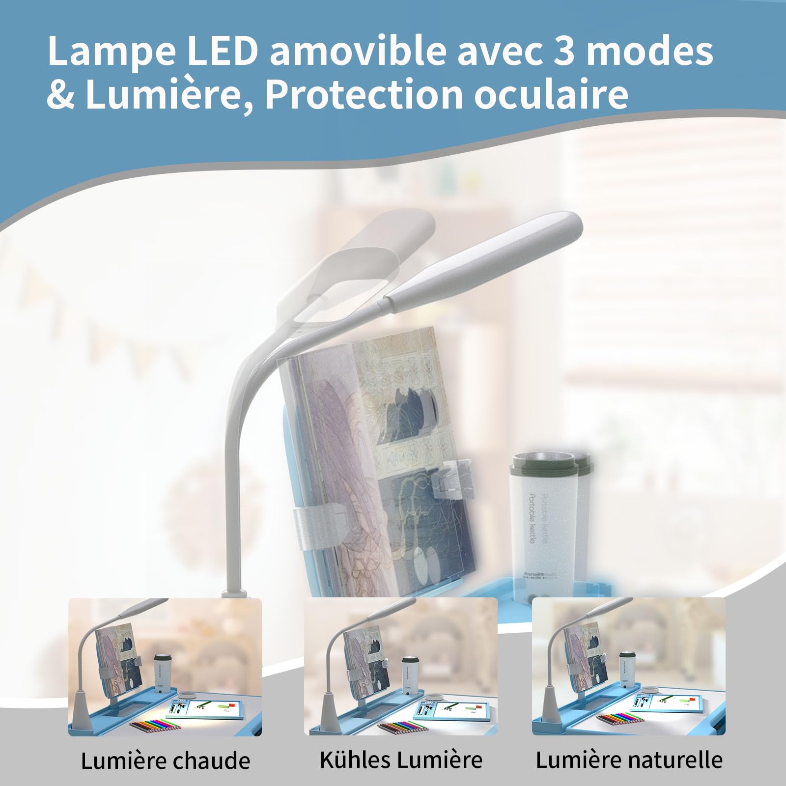 YLGJ&TIDY Ensemble de Table et de Chaises pour Enfants avec Lampe LED de Protection des Yeux, Bureau Enfant, Hauteur Réglable, Plateau Inclinable, Tiroir Multifonctions, Porte-Gobelet, Bleue