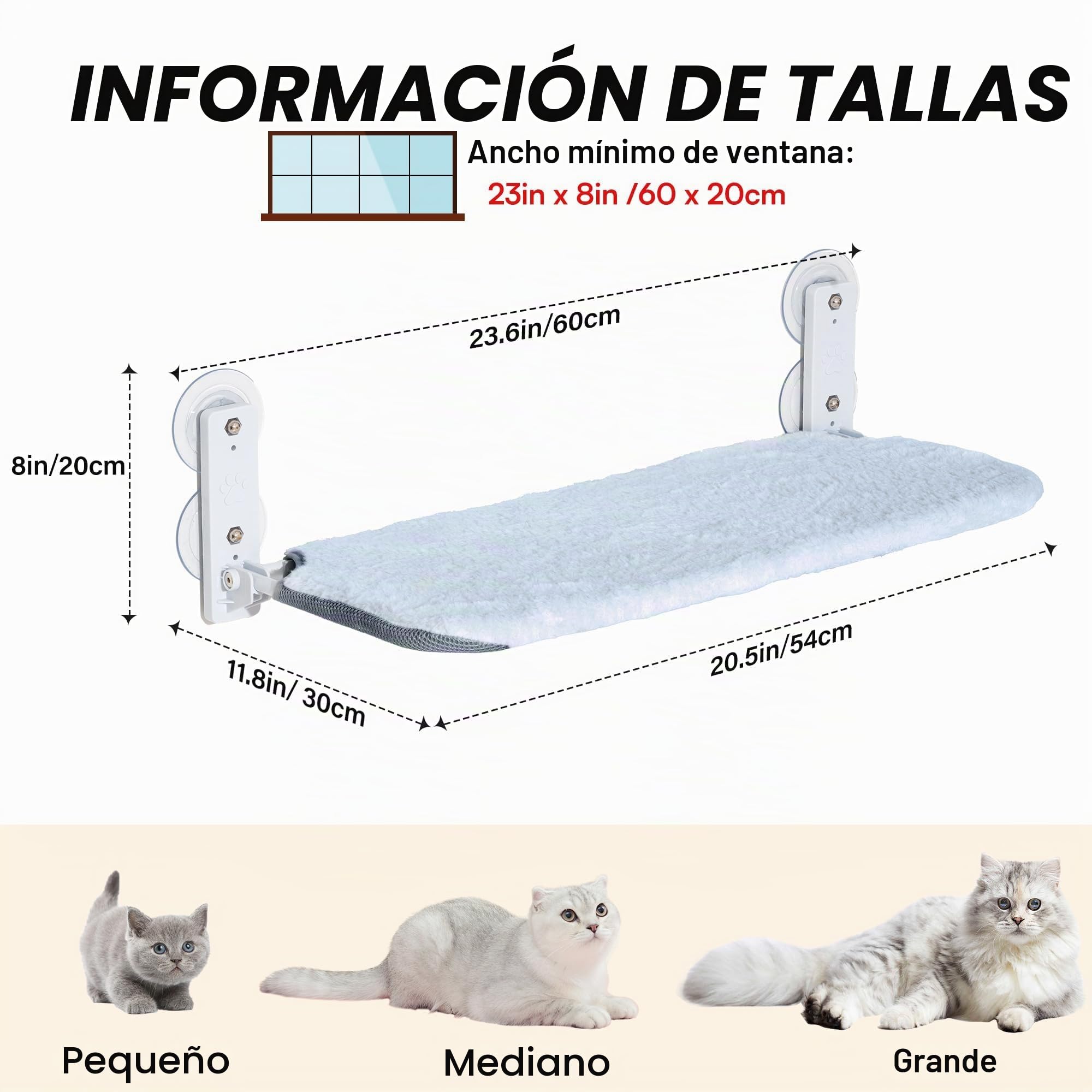 EDAGNY Hamaca para Gato Ventana Confort con Alfombra Reversible y Lavable - 54x30cm Hamaca para Gato Cama Ventana Estructura Metálica Resistente Soporta 18kg, Gris M