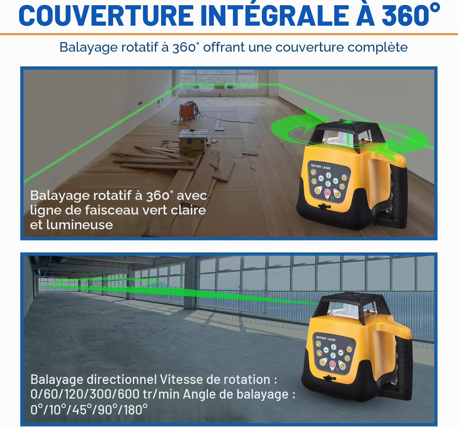 Niveau Laser Rotatif Kit de nivellement laser vert, faisceau vert de 500 m, nivellement laser rotatif automatique à 360° pour la construction, avec télécommande et mallette en aluminium