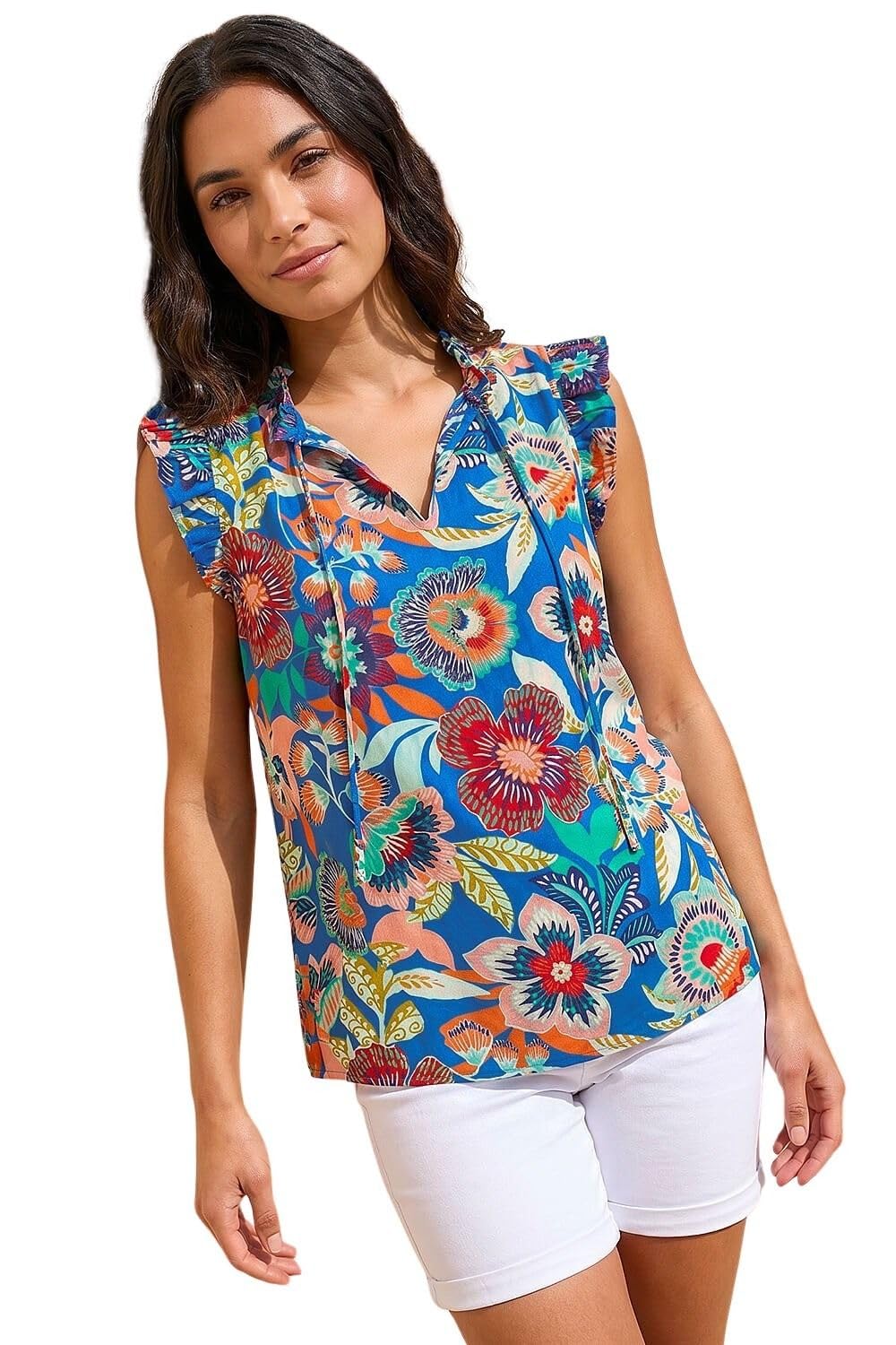 Roman Mono Printed Frill Sleeve Top - Blue - Size 10