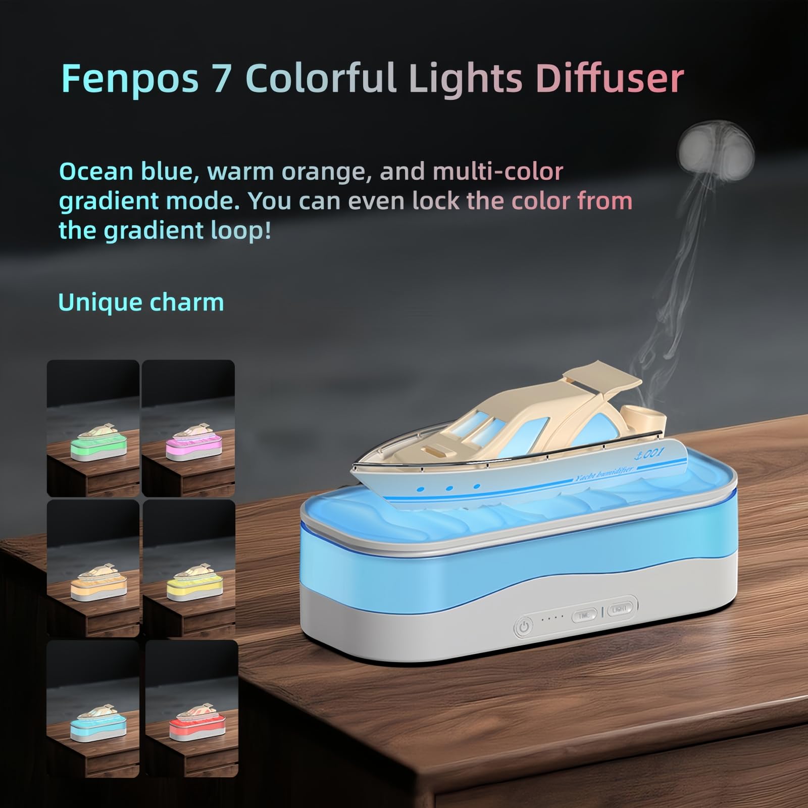 Diffuseur d'huile essentielle coloré pour bateau - Humidificateur de brume - Diffuseur d'arômes avec minuterie de pulvérisation en forme de méduse - Arrêt automatique